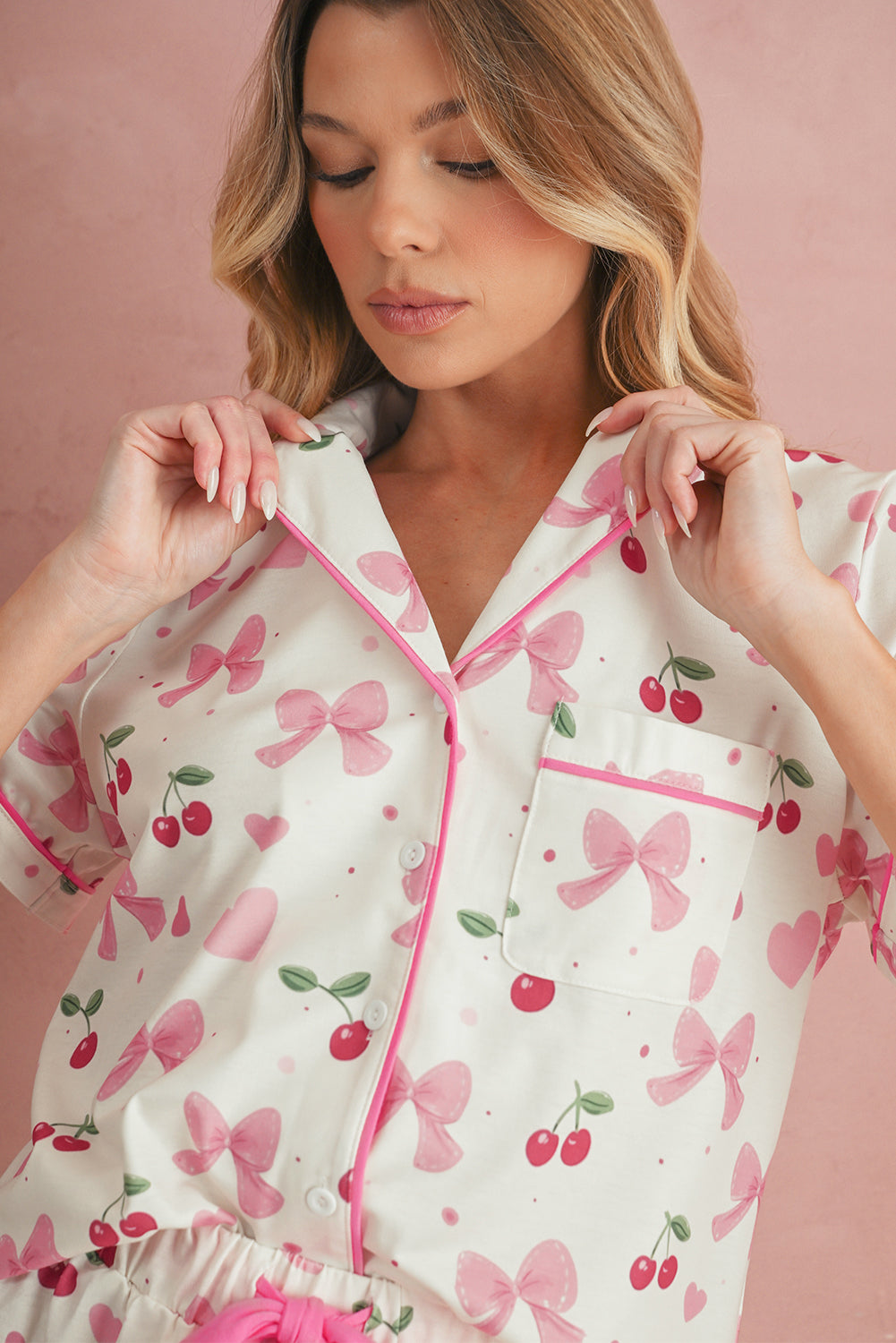 Beige Bow and Cherry Print Ruffle Hem Shorts Pajama Set-Two Piece Shorts Sets-[Adult]-[Female]-2022 Online Blue Zone Planet