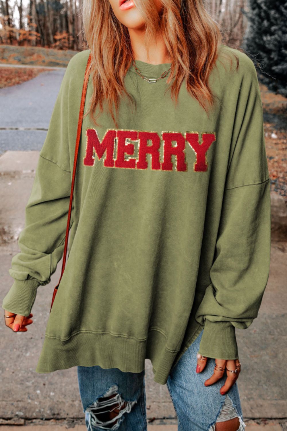 MERRY Side Slit Long Sleeve Sweatshirt-TOPS / DRESSES-[Adult]-[Female]-2022 Online Blue Zone Planet