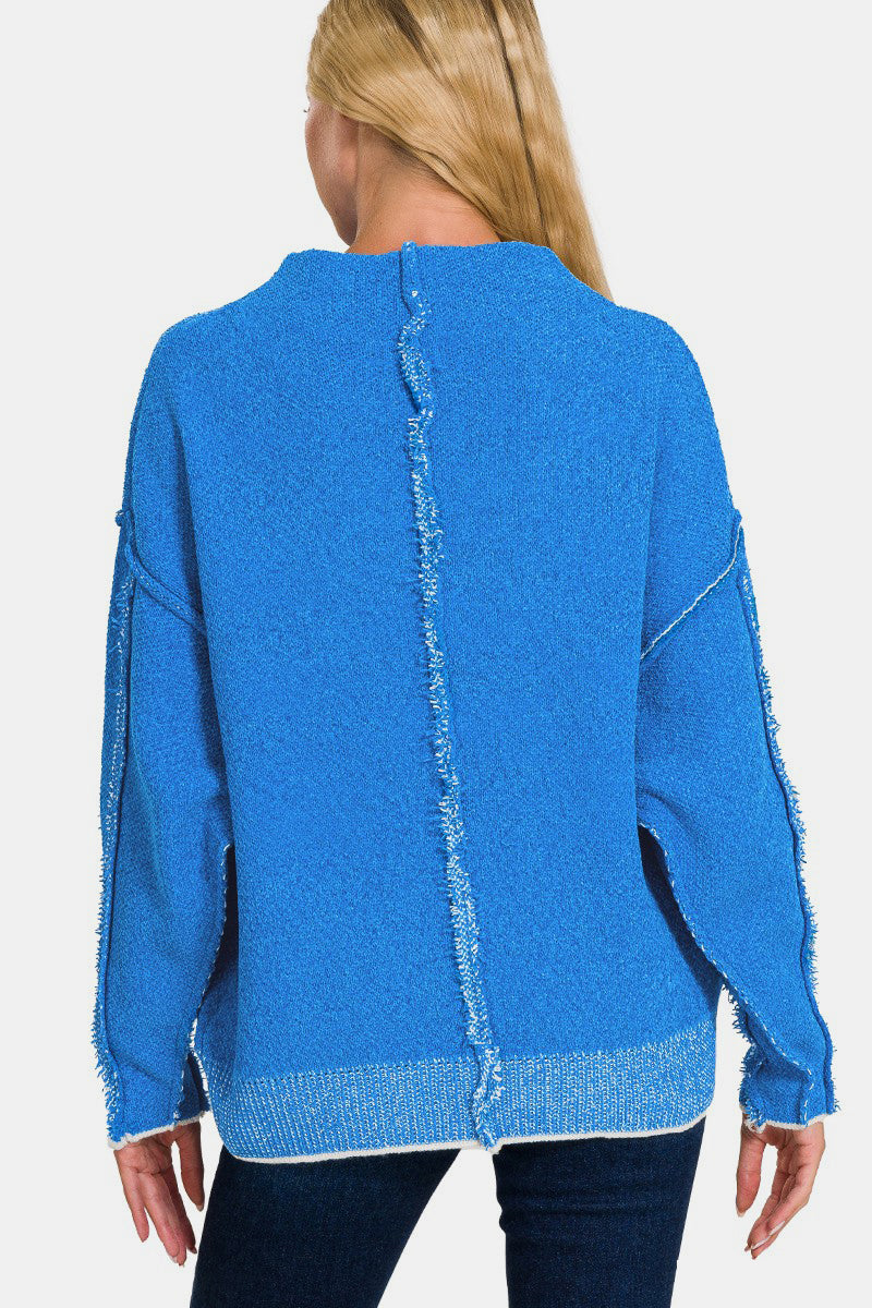 Blue Zone Planet | Zenana Exposed Seam Mock Neck Long Sleeve Sweater-TOPS / DRESSES-[Adult]-[Female]-2022 Online Blue Zone Planet