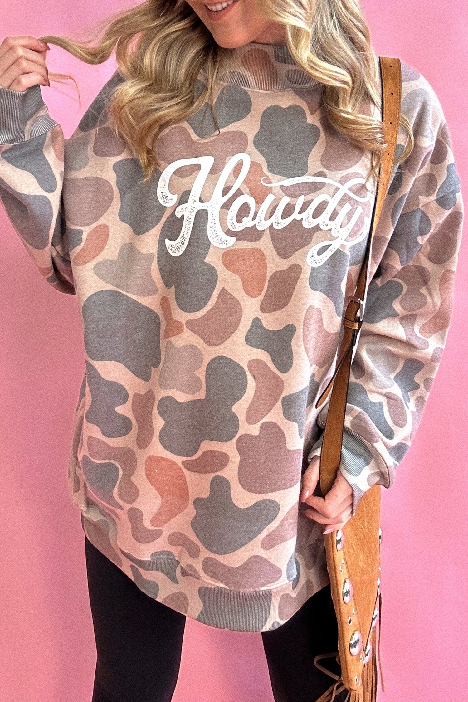 Multicolour Camo Print Howdy Western Style Baggy Pullover Sweatshirt-Tops/Sweatshirts & Hoodies-[Adult]-[Female]-2022 Online Blue Zone Planet