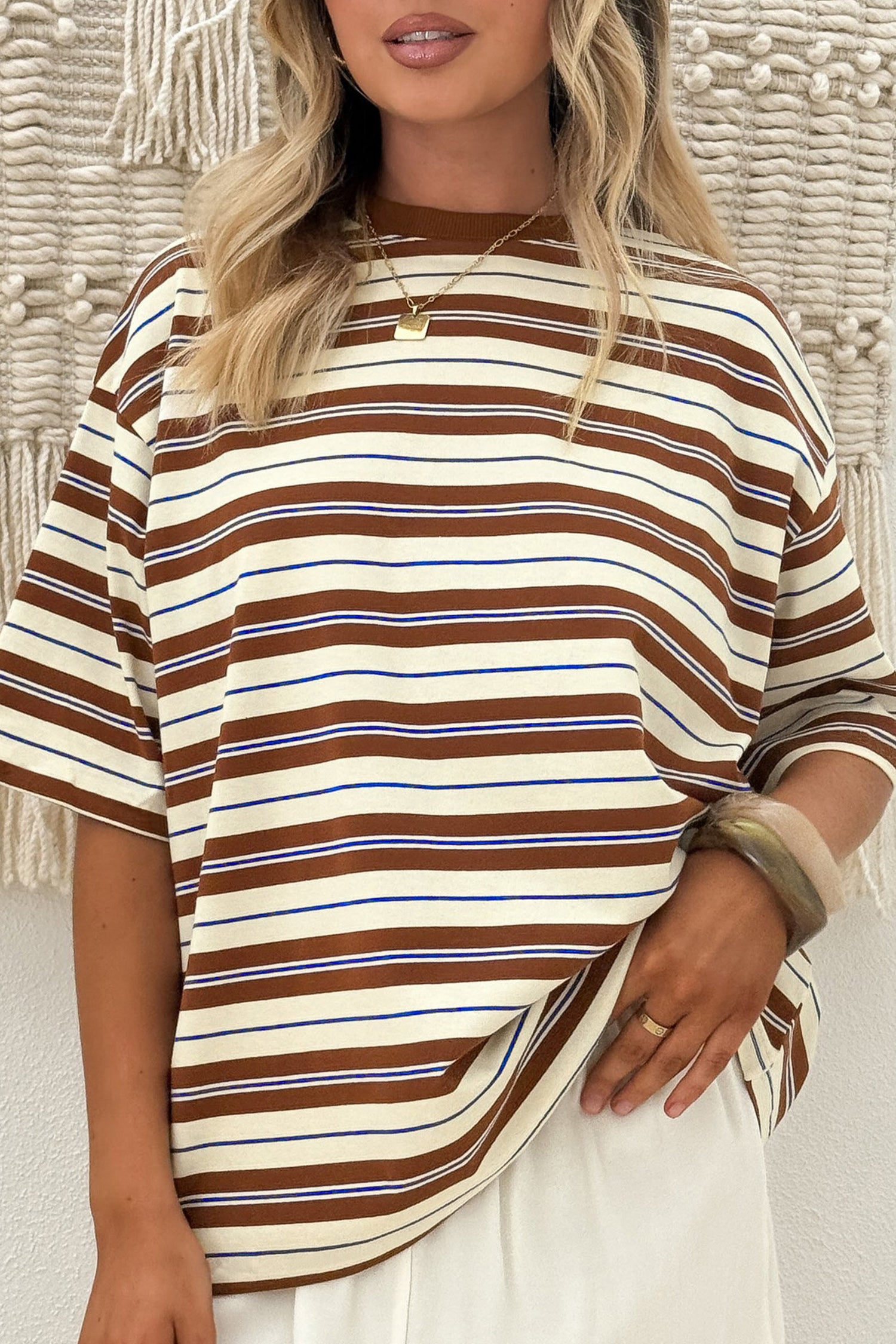 Brown Stripe Womens Casual Oversized Tee-Tops/Tops & Tees-[Adult]-[Female]-Brown Stripe-S-2022 Online Blue Zone Planet