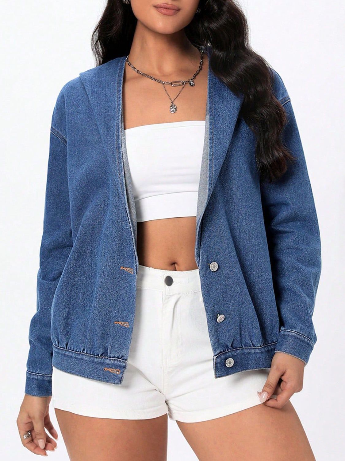 Button Up Hooded Denim Top-TOPS / DRESSES-[Adult]-[Female]-2022 Online Blue Zone Planet