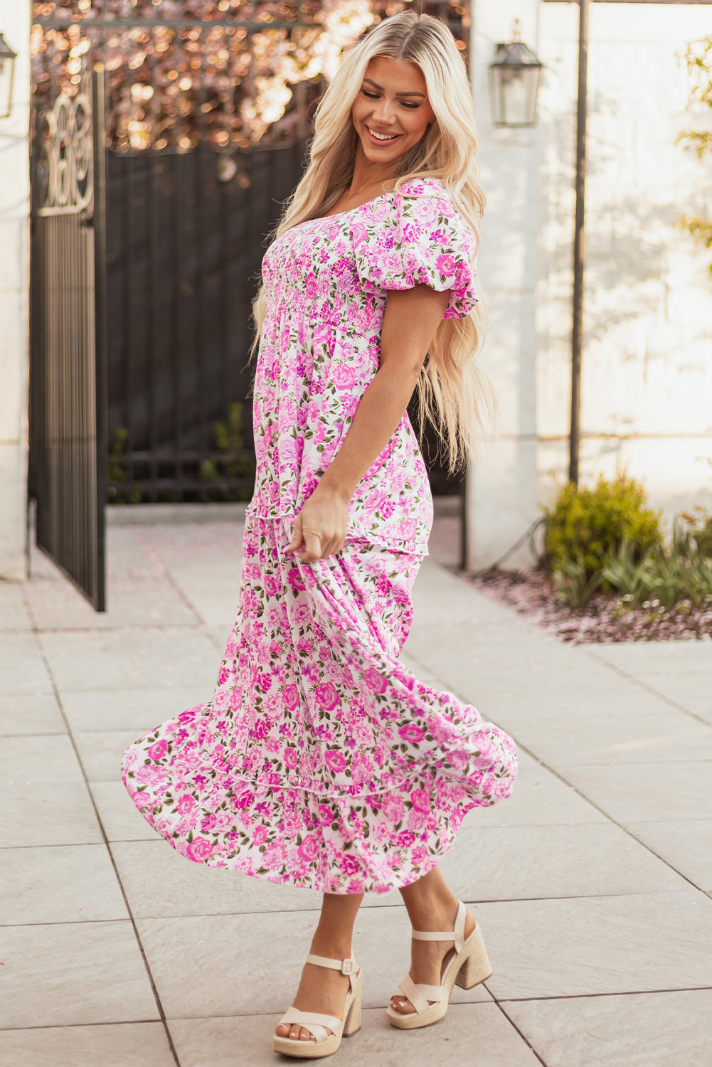 Pink Dainty Floral Smocked Puff Sleeve Flowy Long Dress-TOPS / DRESSES-[Adult]-[Female]-2022 Online Blue Zone Planet