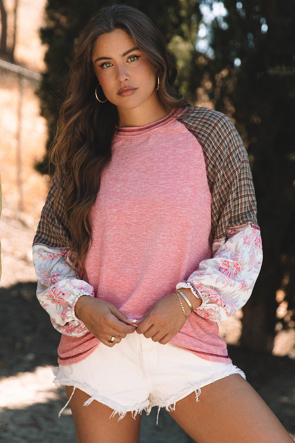 Blue Zone Planet | Jet Stream Mixed Print Raglan Sleeve Ribbed Knit Patchwork Blouse-Tops/Blouses & Shirts-[Adult]-[Female]-Fushia-S-2022 Online Blue Zone Planet