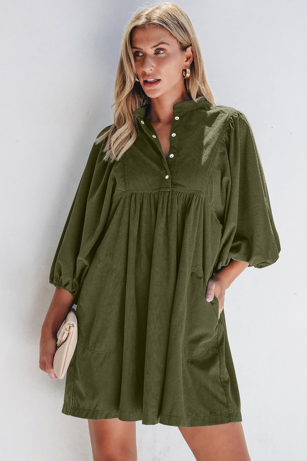 Blue Zone Planet | Vineyard Green Corduroy Snap Buttons Empire Waist Bracelet Sleeve Mini Dress-TOPS / DRESSES-[Adult]-[Female]-2022 Online Blue Zone Planet