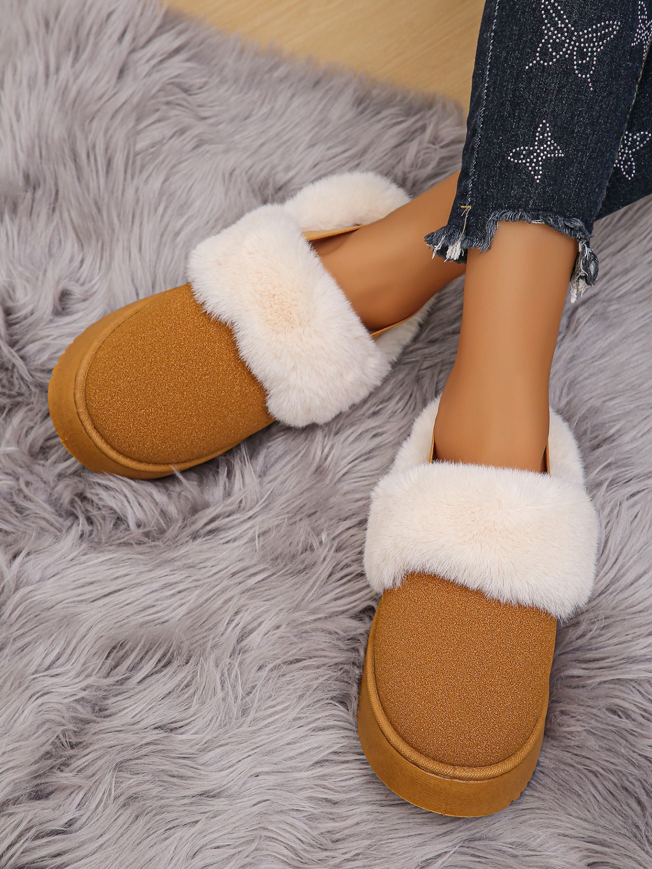 Blue Zone Planet | Faux Fur Round Toe Platform Slippers-SHOES-[Adult]-[Female]-Caramel-36(US5)-2022 Online Blue Zone Planet