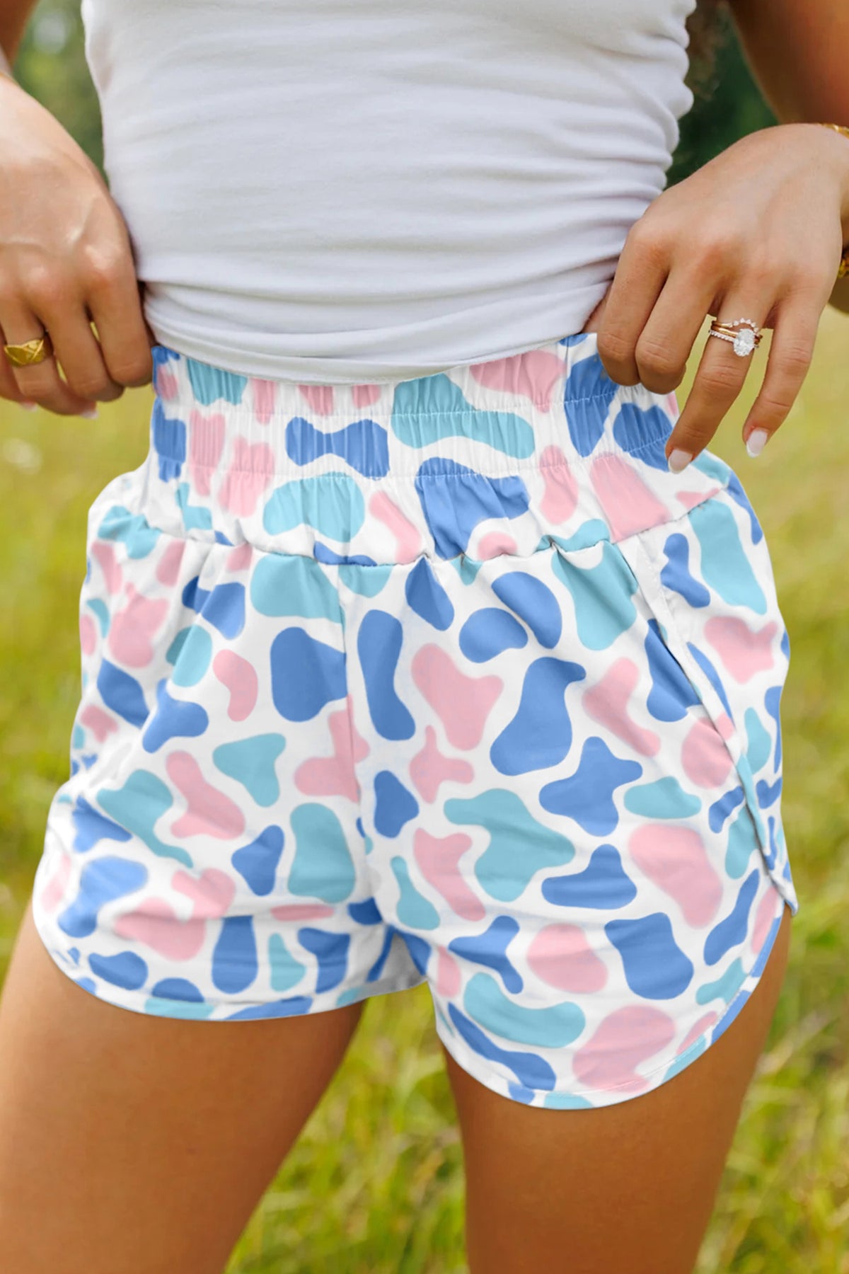 Green Camouflage Print Shirred High Waist Athleisure Shorts-Bottoms/Casual Shorts-[Adult]-[Female]-Sky Blue-S-2022 Online Blue Zone Planet