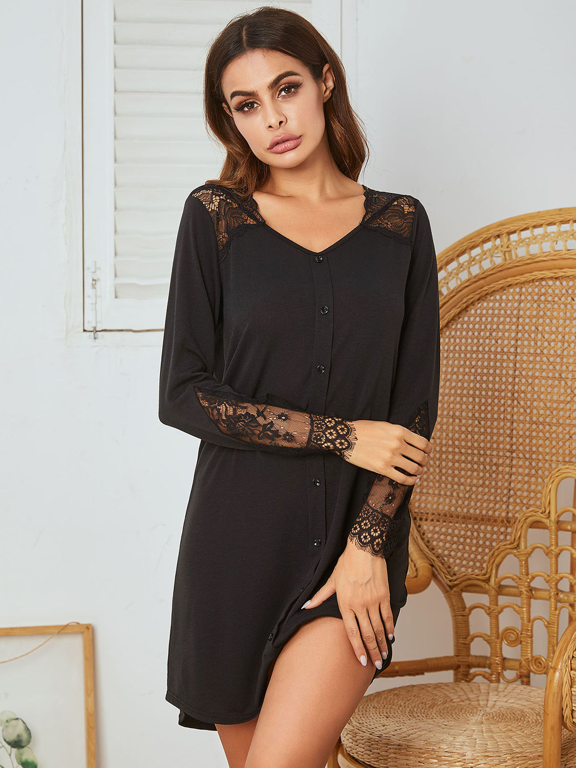 Lace Detail Long Sleeve Mini Lounge Dress-TOPS / DRESSES-[Adult]-[Female]-2022 Online Blue Zone Planet