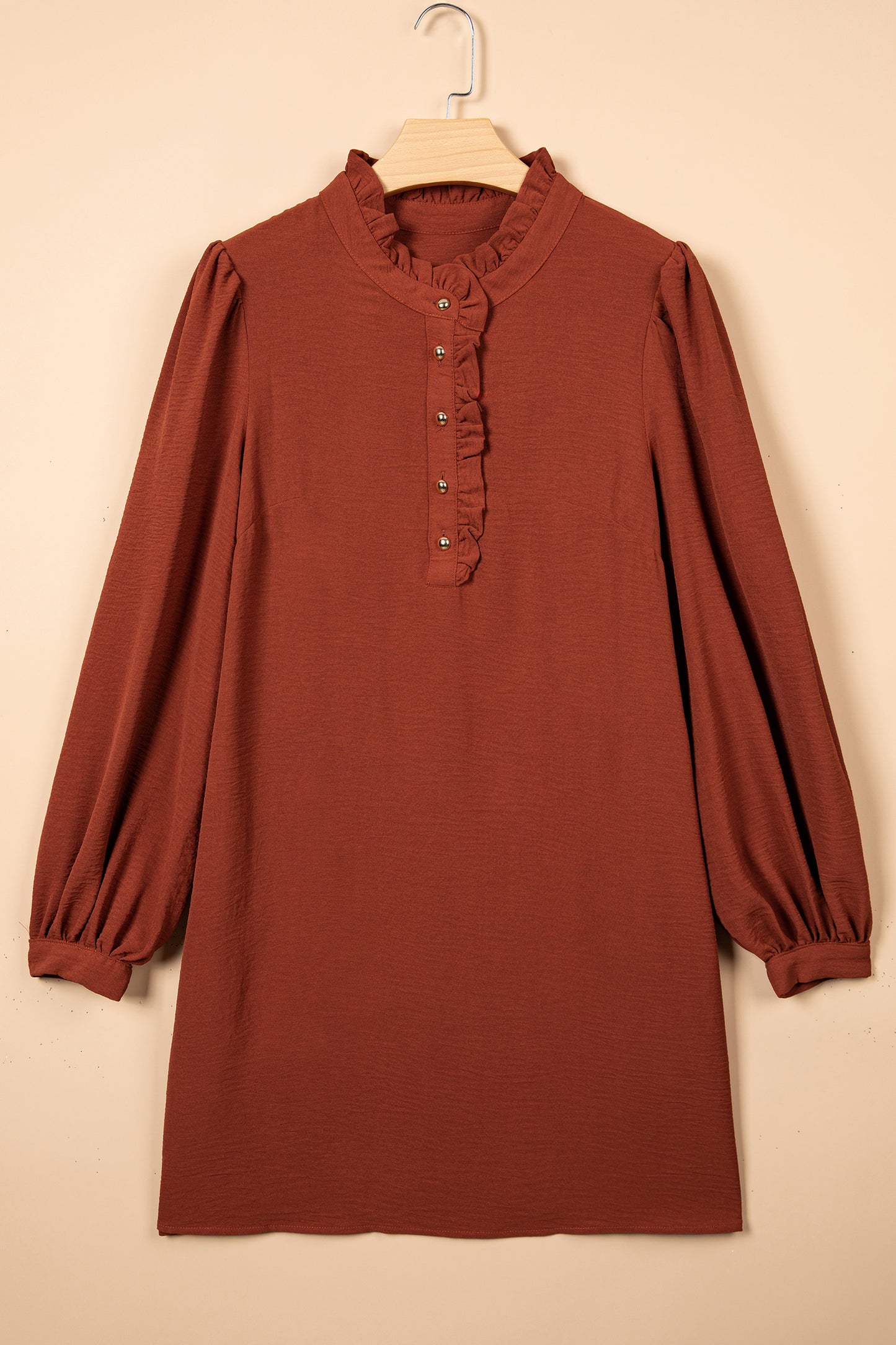 Coffee Solid Shift Long Sleeve Short Length One Piece Dress-TOPS / DRESSES-[Adult]-[Female]-2022 Online Blue Zone Planet