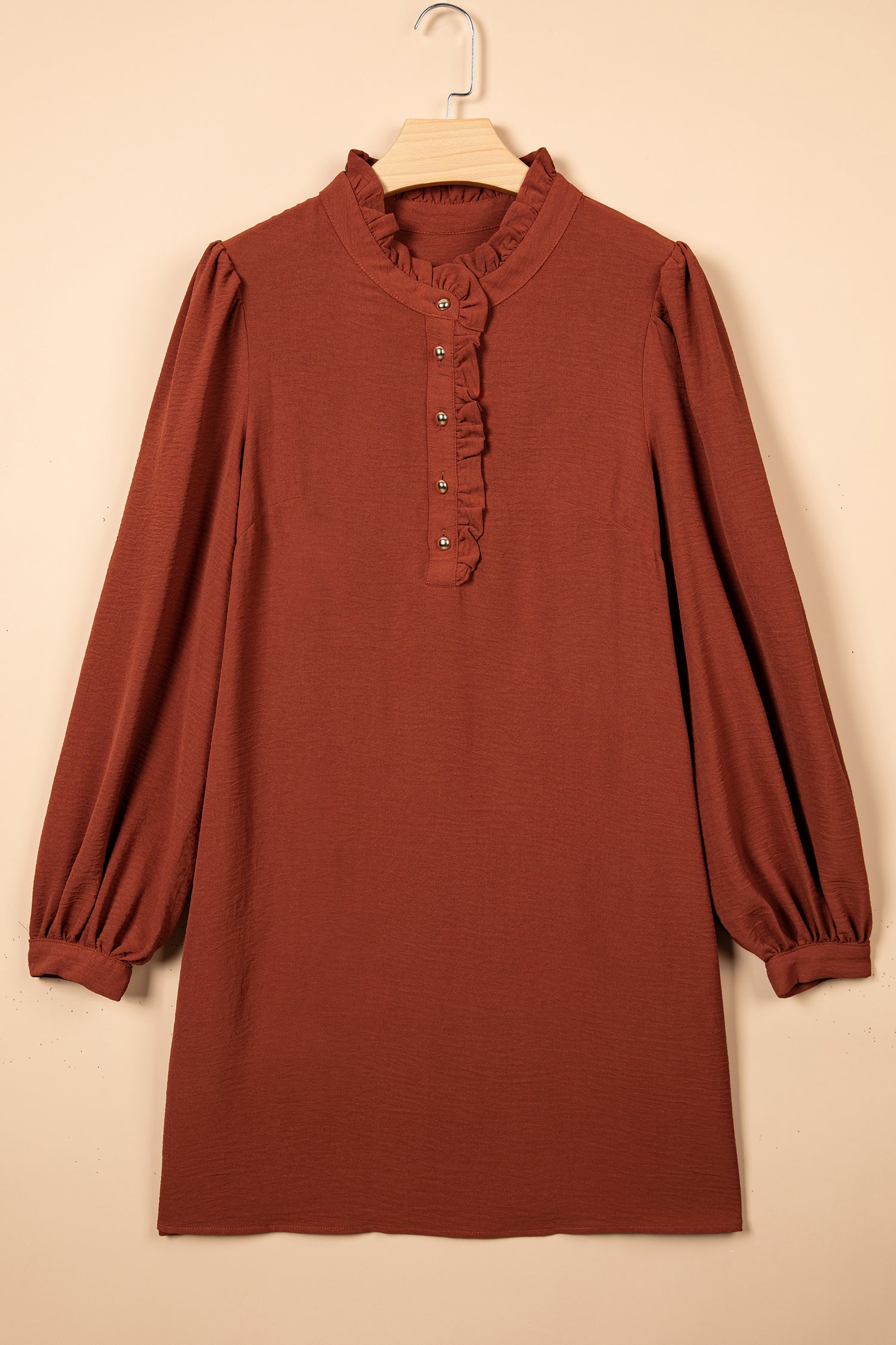 Coffee Solid Shift Long Sleeve Short Length One Piece Dress-TOPS / DRESSES-[Adult]-[Female]-2022 Online Blue Zone Planet