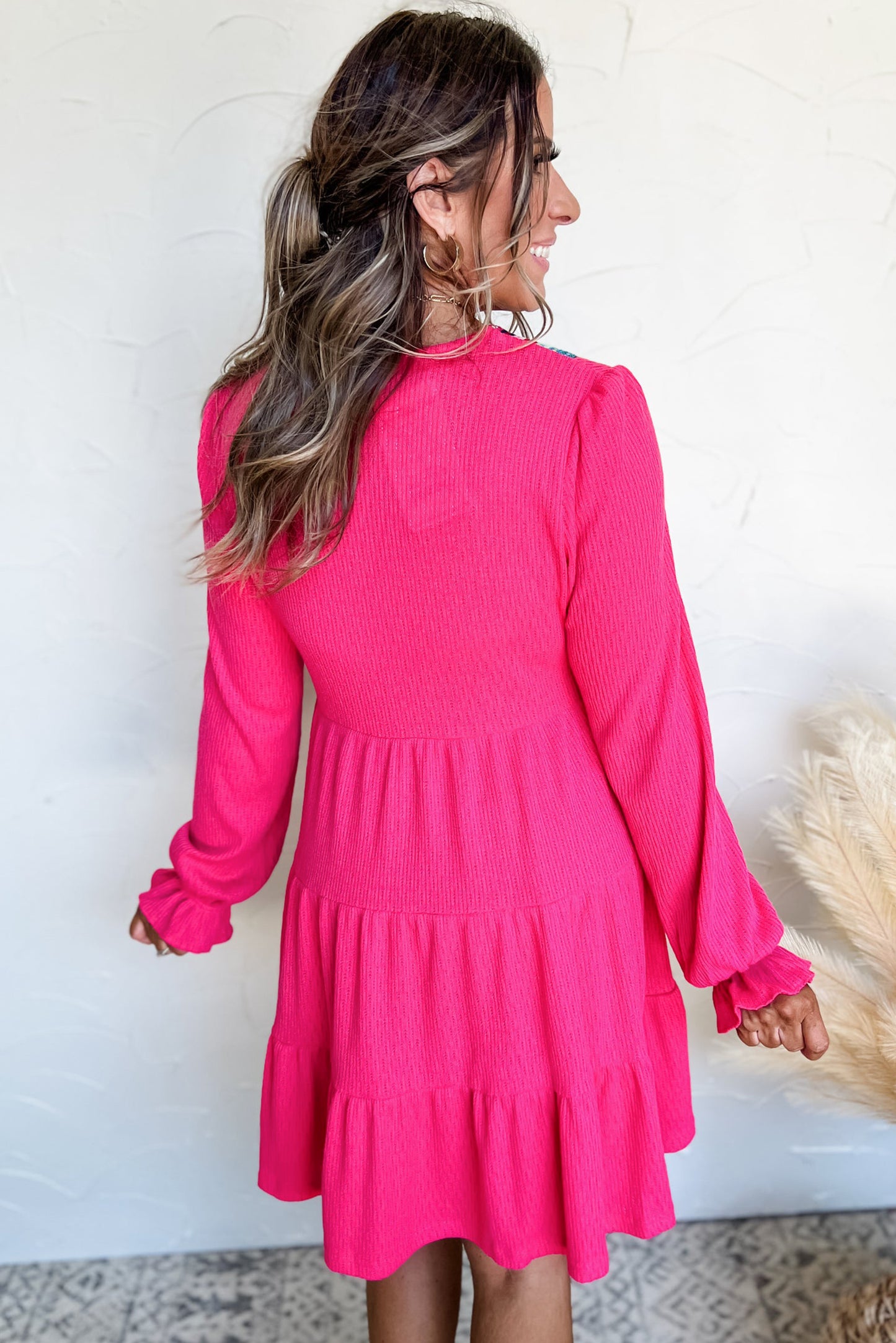 Rose Red Colorful Crochet V Neck Textured Tiered Ruffled Long Sleeve Mini Dress-Dresses/Mini Dresses-[Adult]-[Female]-2022 Online Blue Zone Planet