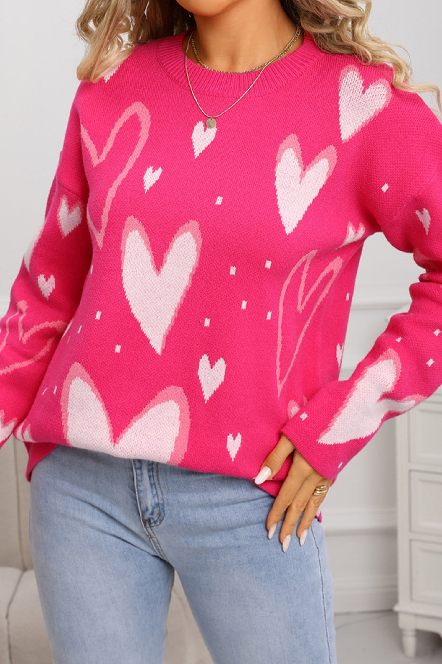 Rose Red Splendid Heart Print Valentines Day Sweater-TOPS / DRESSES-[Adult]-[Female]-2022 Online Blue Zone Planet
