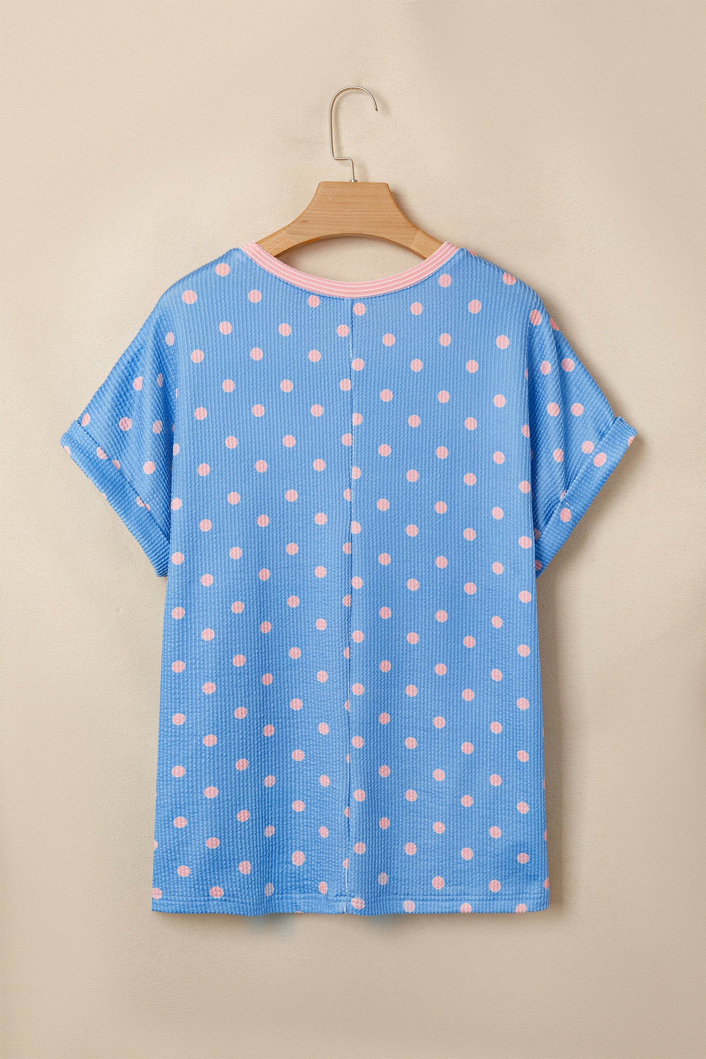Sky Blue Raised Rib Polka Dot Print Cuffed Short Sleeve Top-Tops/Tops & Tees-[Adult]-[Female]-2022 Online Blue Zone Planet