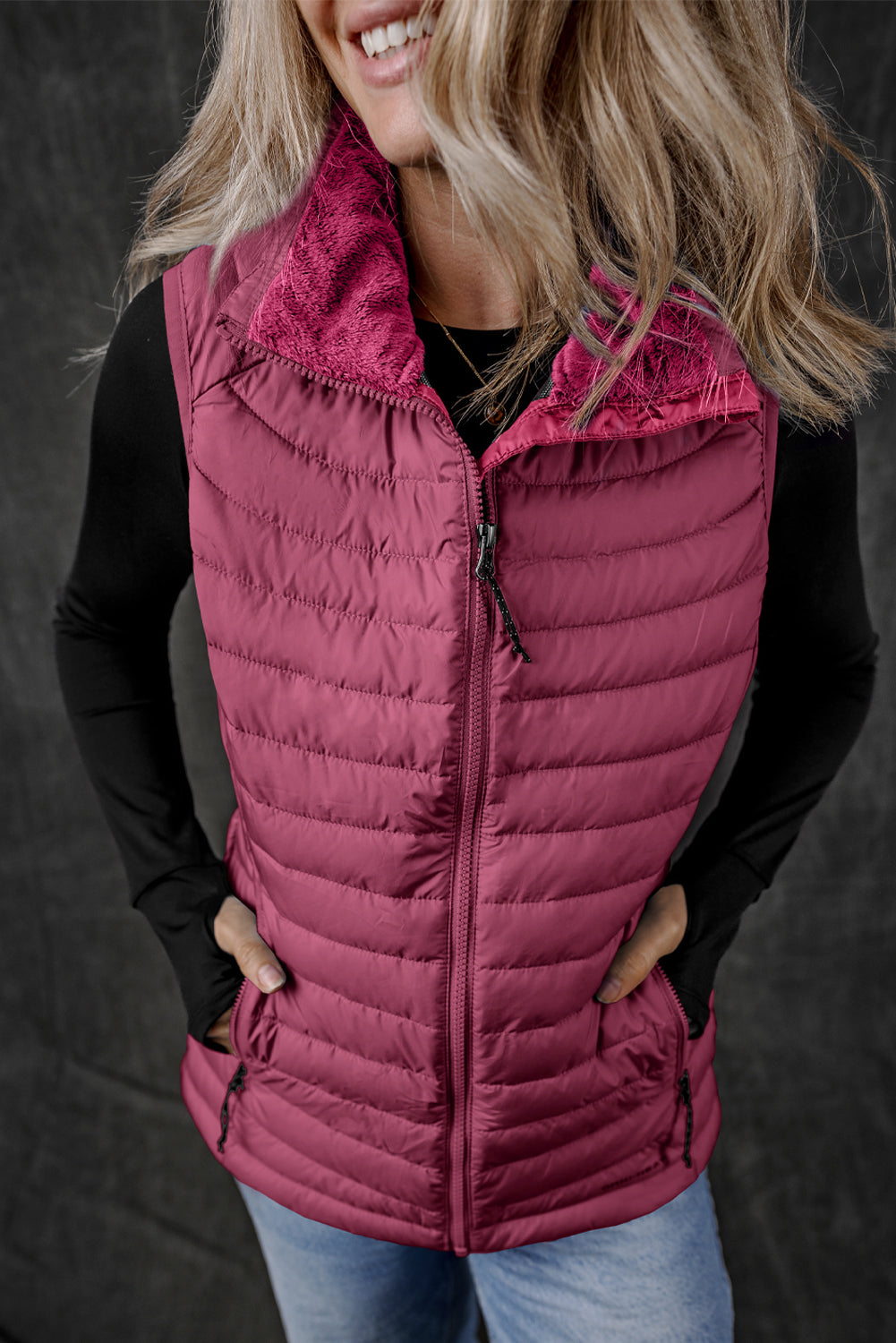 Blue Zone Planet | Silvery Plush Collared Quilted Zipped Puffer Vest-Outerwear/Vests-[Adult]-[Female]-2022 Online Blue Zone Planet