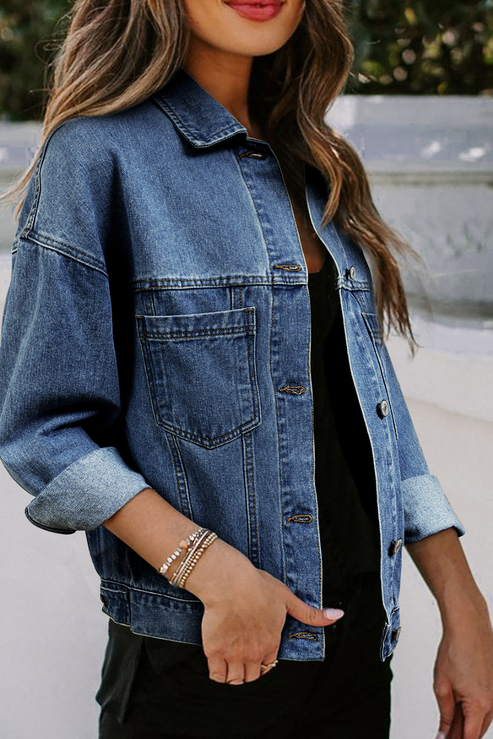 Blue Zone Planet | Sky Blue Stripe Washed Oversized Pocketed Denim Jacket-Jackets-[Adult]-[Female]-2022 Online Blue Zone Planet