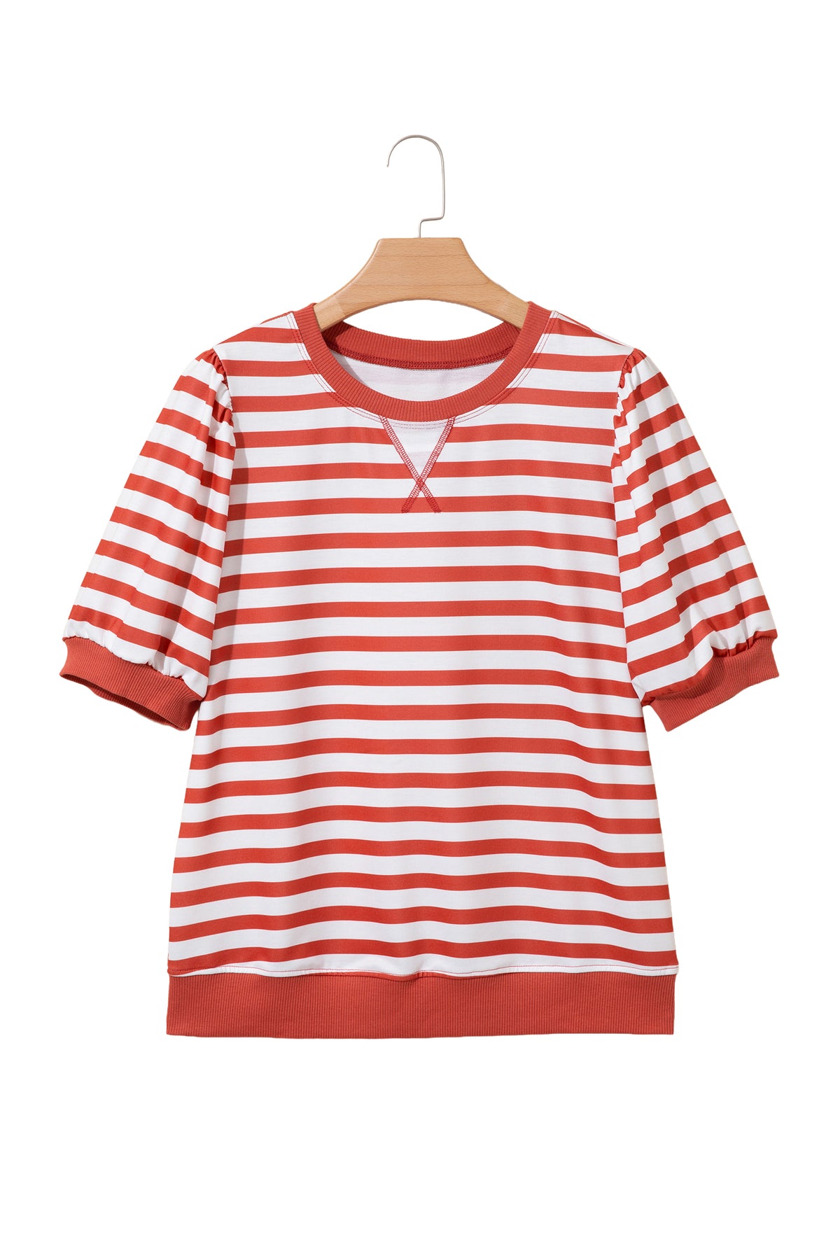 Orange Stripe Short Bubble Sleeve T Shirt-Tops/Tops & Tees-[Adult]-[Female]-2022 Online Blue Zone Planet