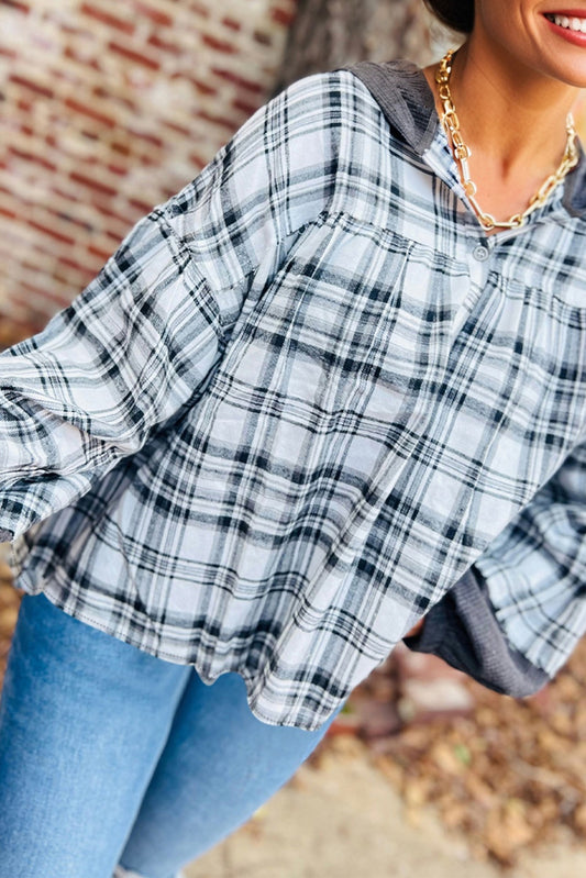 Gray Plaid Patchwork Long Sleeve Button Hooded Blouse-Tops / Dresses-[Adult]-[Female]-Gray-S-2022 Online Blue Zone Planet