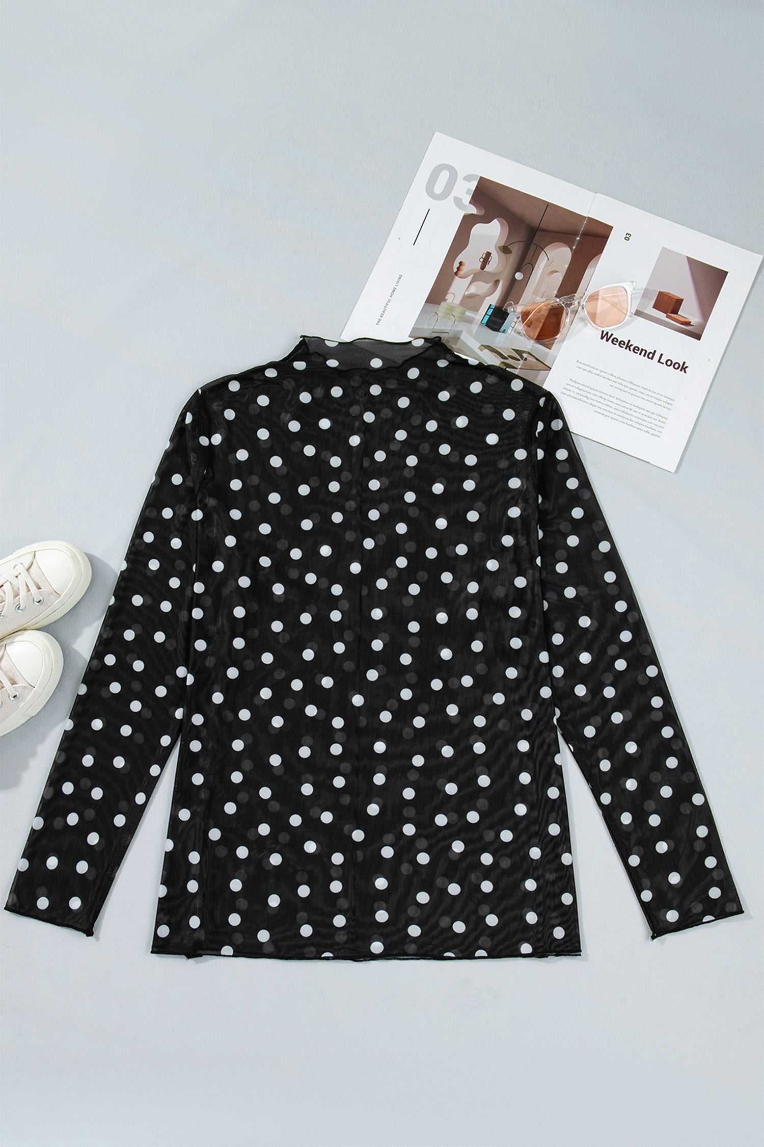 Black Plus Size Mock Neck Polka Dot Long Sleeve Mesh Top-Plus Size/Plus Size Tops/Plus Size Long Sleeve Tops-[Adult]-[Female]-2022 Online Blue Zone Planet