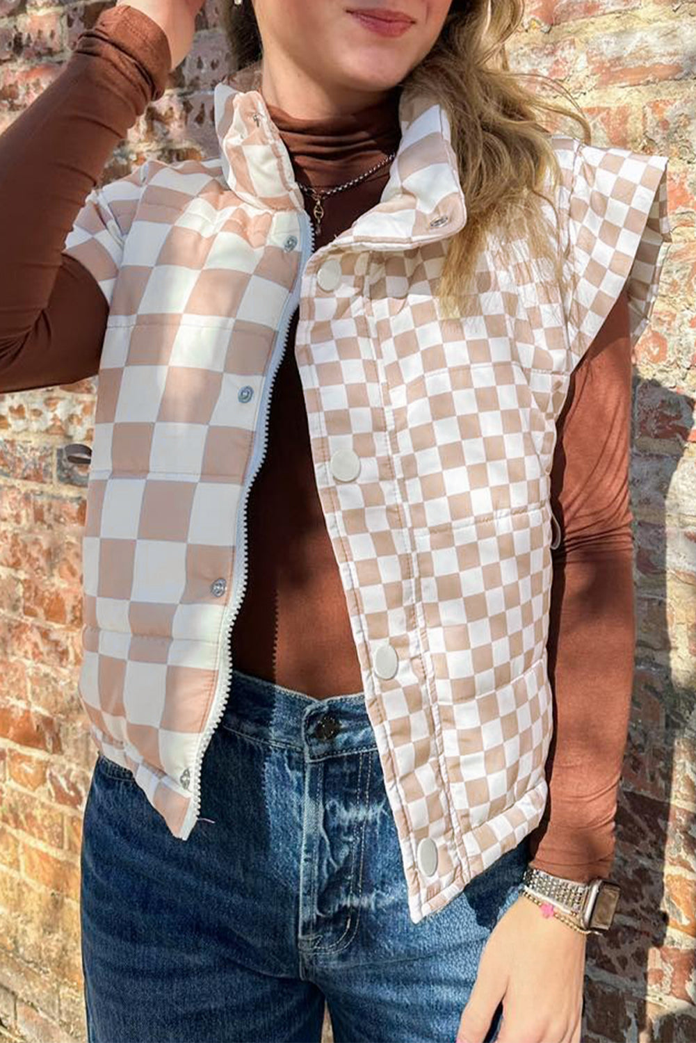 Khaki Contrast Plaid Quilted Button Zip Up Vest-TOPS / DRESSES-[Adult]-[Female]-Khaki-S-2022 Online Blue Zone Planet