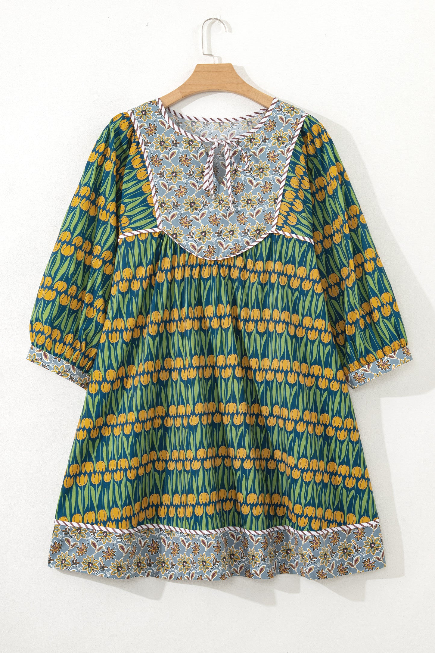 Green Plus Size Mixed Floral Print Striped Trim Loose Mini Dress-TOPS / DRESSES-[Adult]-[Female]-2022 Online Blue Zone Planet