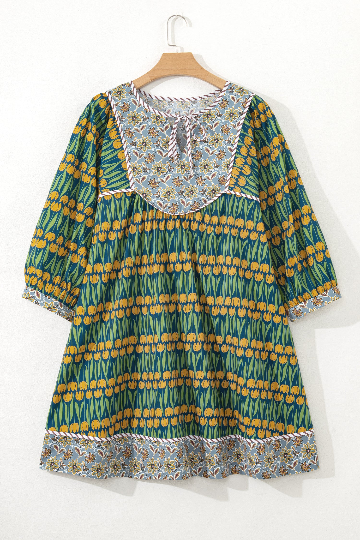 Green Plus Size Mixed Floral Print Striped Trim Loose Mini Dress-TOPS / DRESSES-[Adult]-[Female]-2022 Online Blue Zone Planet