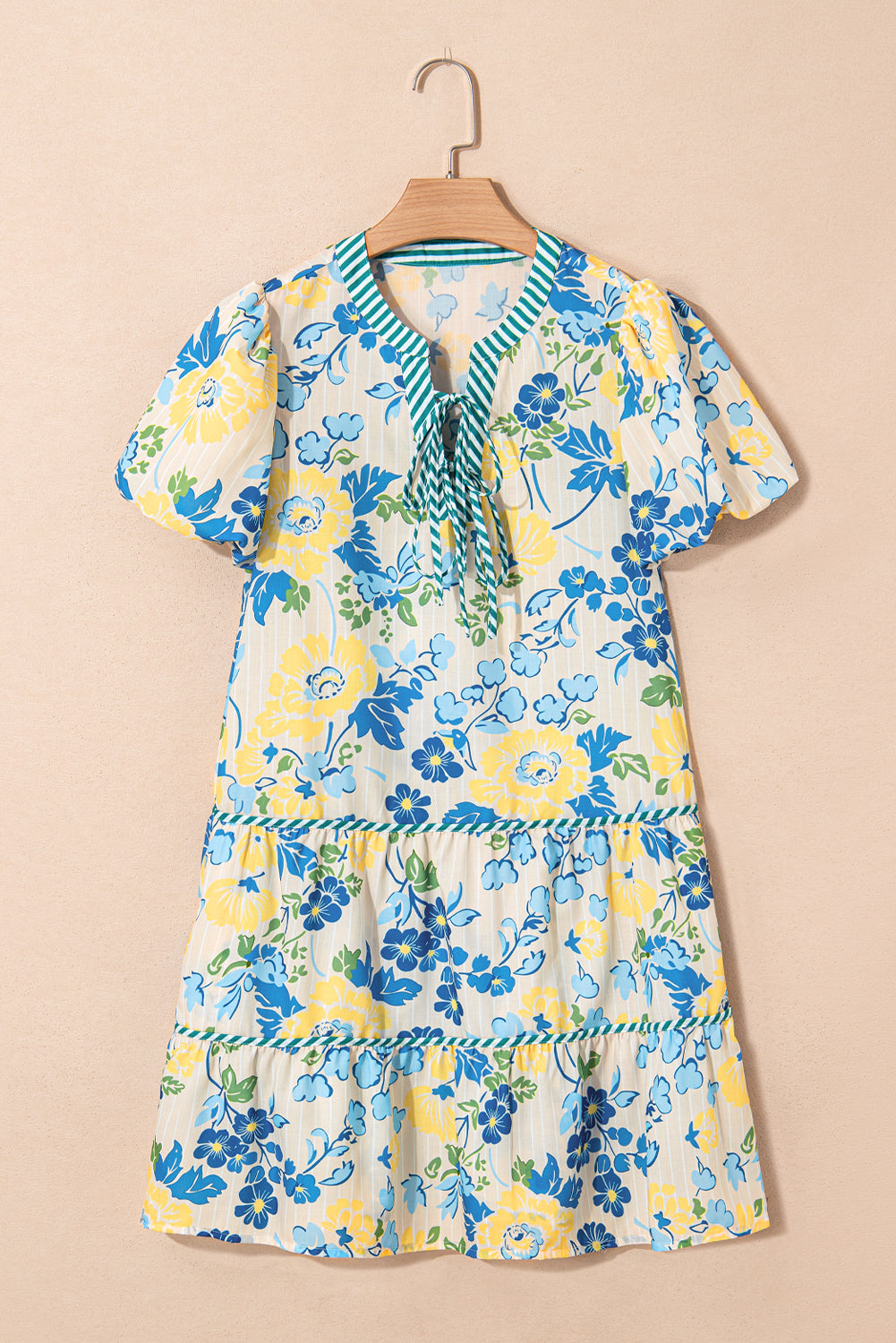 Blue Floral Striped Trim Puff Short Sleeve Dress-TOPS / DRESSES-[Adult]-[Female]-2022 Online Blue Zone Planet