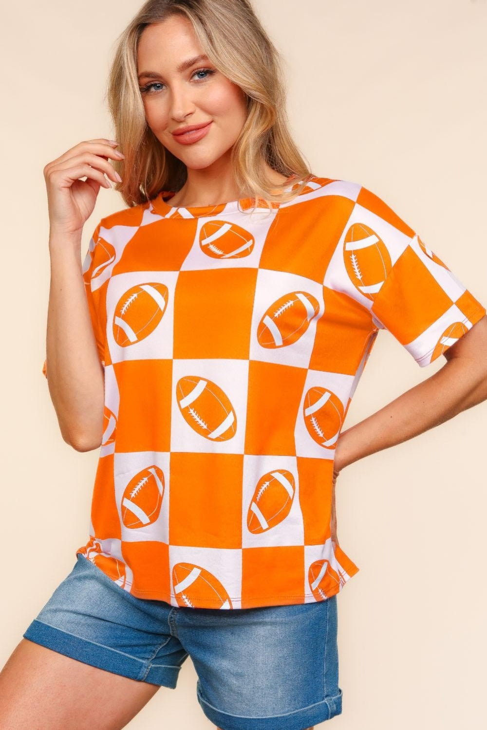 Haptics Football Checkered Print Short Sleeve T-Shirt-TOPS / DRESSES-[Adult]-[Female]-Orange-S-2022 Online Blue Zone Planet