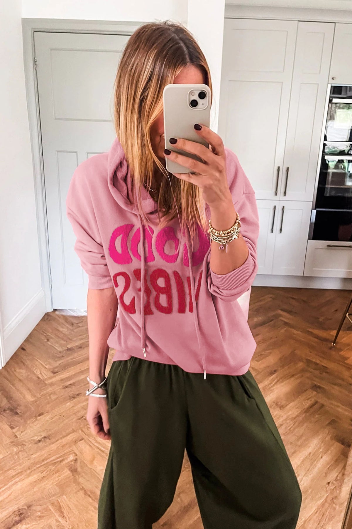 Gossamer Pink GOOD VIBES Chenille Letter Graphic Casual Hoodie