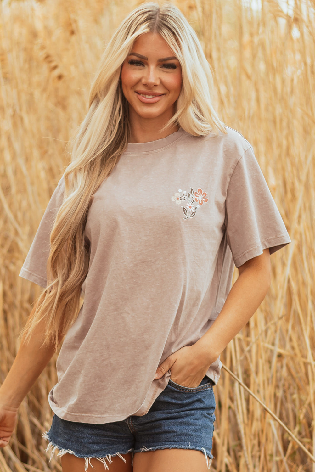 Smoke Gray Mineral Wash Floral Steer Head Printed Back Western Fashion Tee-Tops/Tops & Tees-[Adult]-[Female]-2022 Online Blue Zone Planet