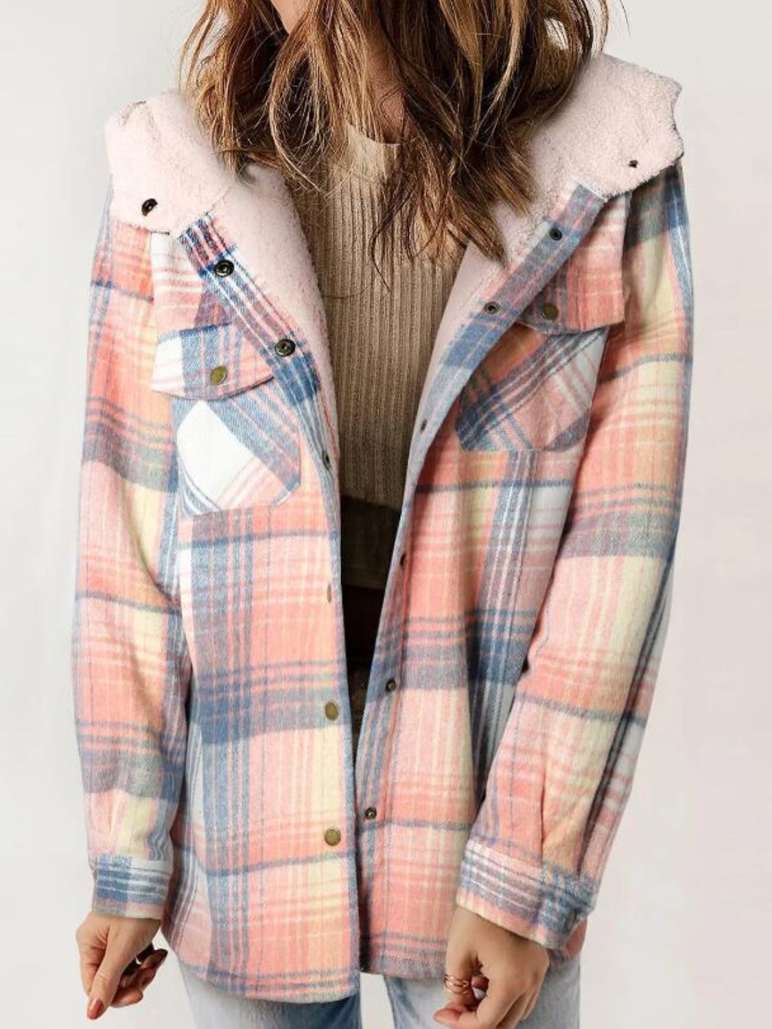 Plaid Snap Down Plush Hooded Jacket-TOPS / DRESSES-[Adult]-[Female]-2022 Online Blue Zone Planet