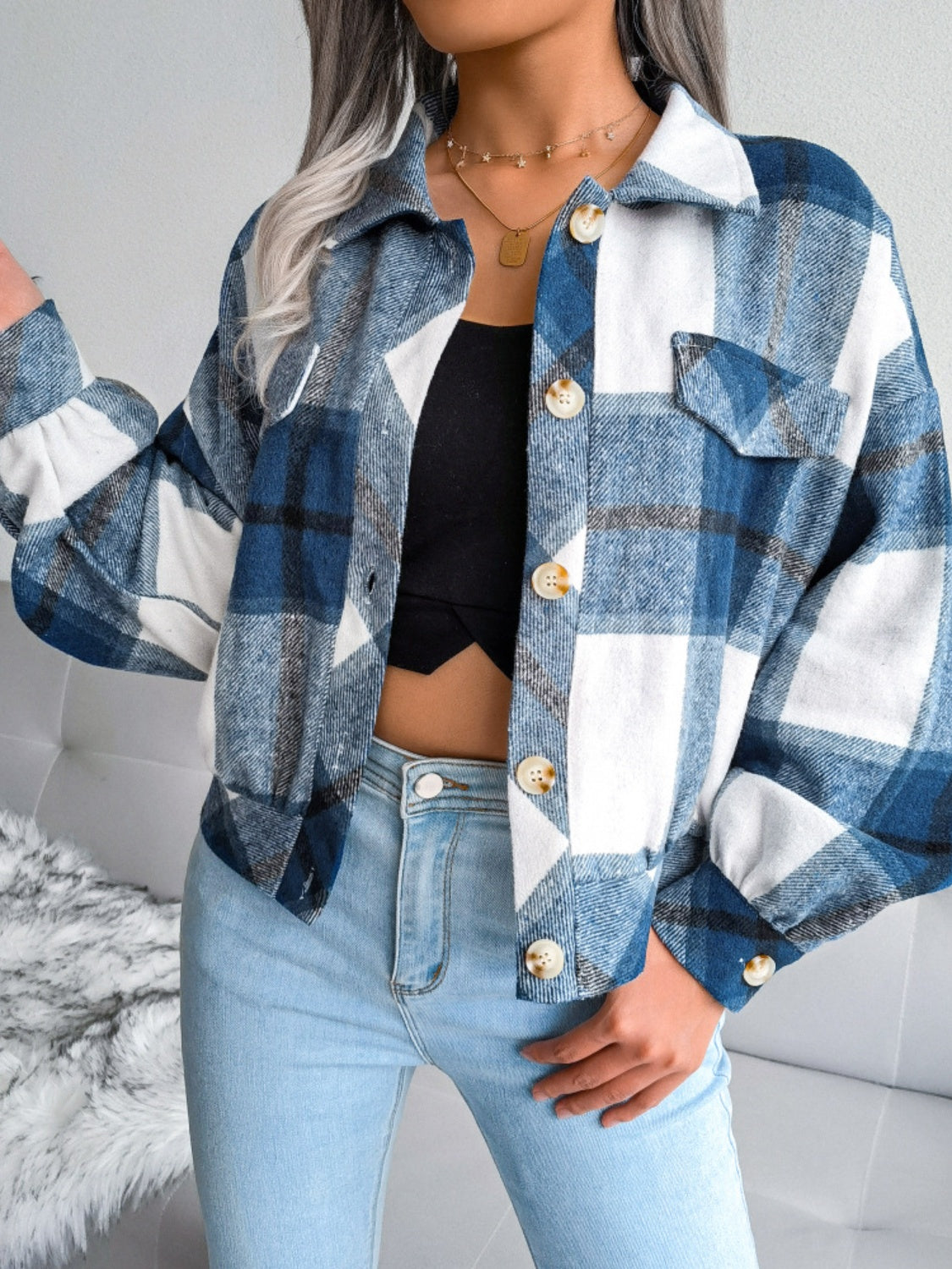 Plaid Collared Neck Long Sleeve Jacket-TOPS / DRESSES-[Adult]-[Female]-Dusty Blue-S-2022 Online Blue Zone Planet