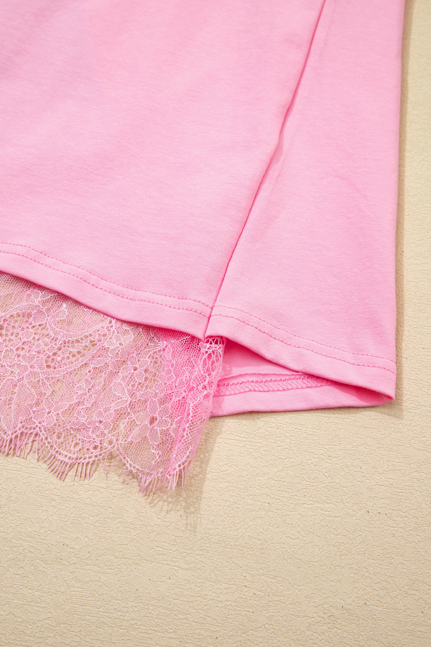 Pink Eyelash Floral Lace Patchwork Half Sleeve Oversize Tee-Tops/Tops & Tees-[Adult]-[Female]-2022 Online Blue Zone Planet