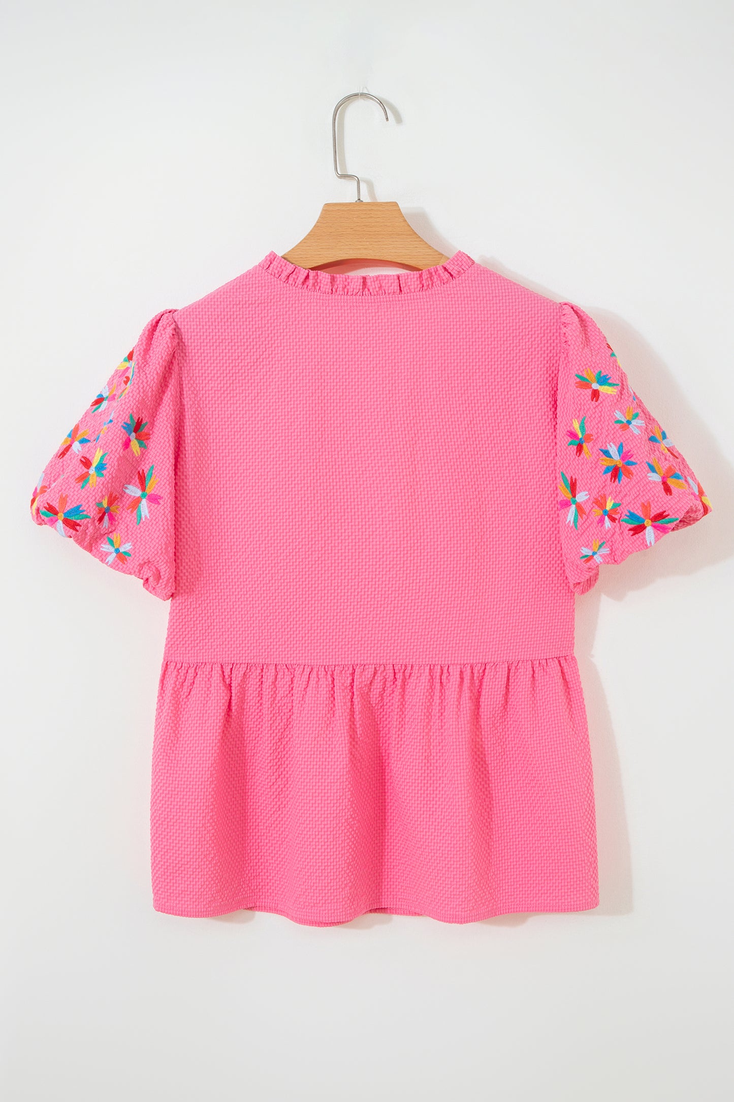 Sachet Pink Frilled V Neck Flower Embroidered Puff Sleeve Textured Blouse-Tops/Blouses & Shirts-[Adult]-[Female]-2022 Online Blue Zone Planet