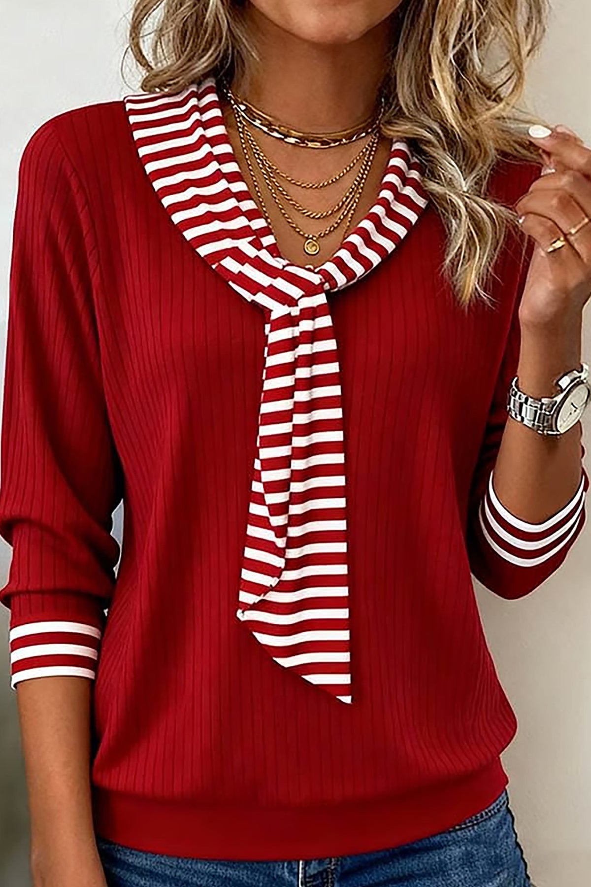 Red Dahlia Striped Contrast Tie Collar Cuffed Casual Long Sleeve Top