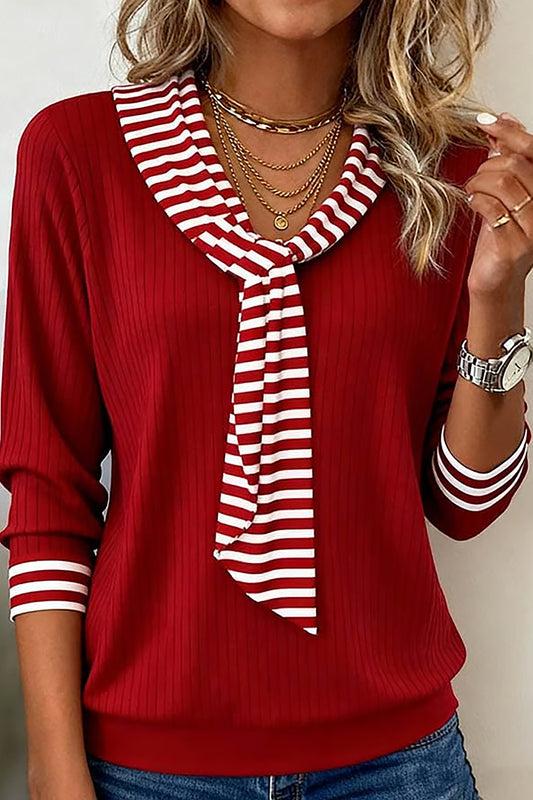 Red Dahlia Striped Contrast Tie Collar Cuffed Casual Long Sleeve Top-Tops/Long Sleeve Tops-[Adult]-[Female]-Red Dahlia-S-2022 Online Blue Zone Planet