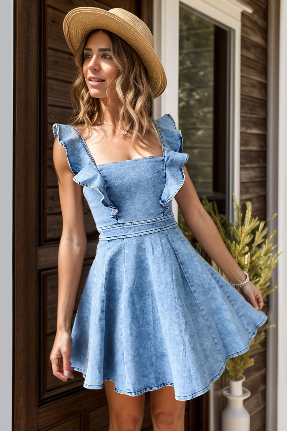 Blue Zone Planet |  Ruffled Square Neck Mini Dress BLUE ZONE PLANET