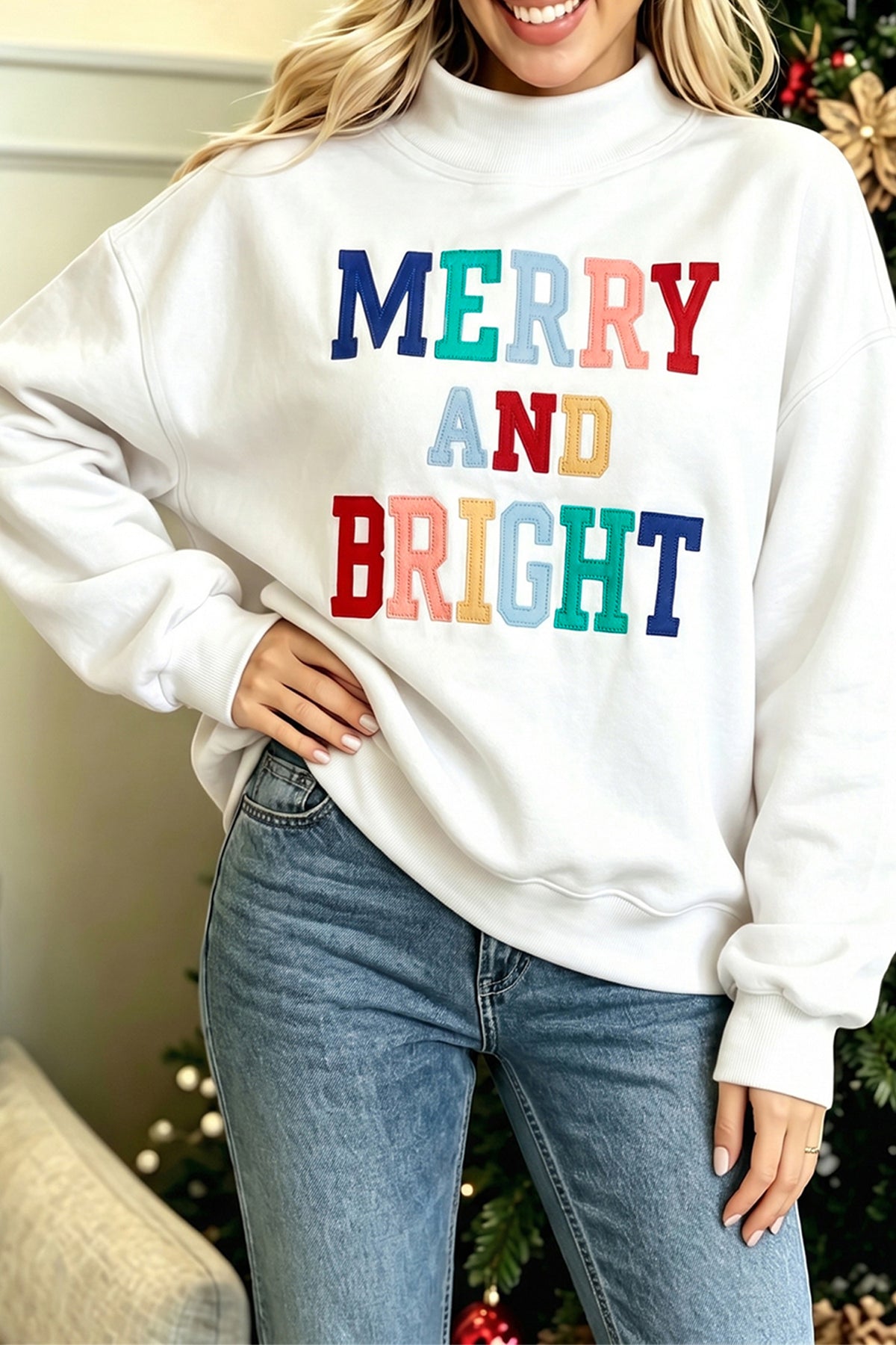 White MERRY AND BRIGHT Stitched Letter Pattern Mock Neck Sweatshirt