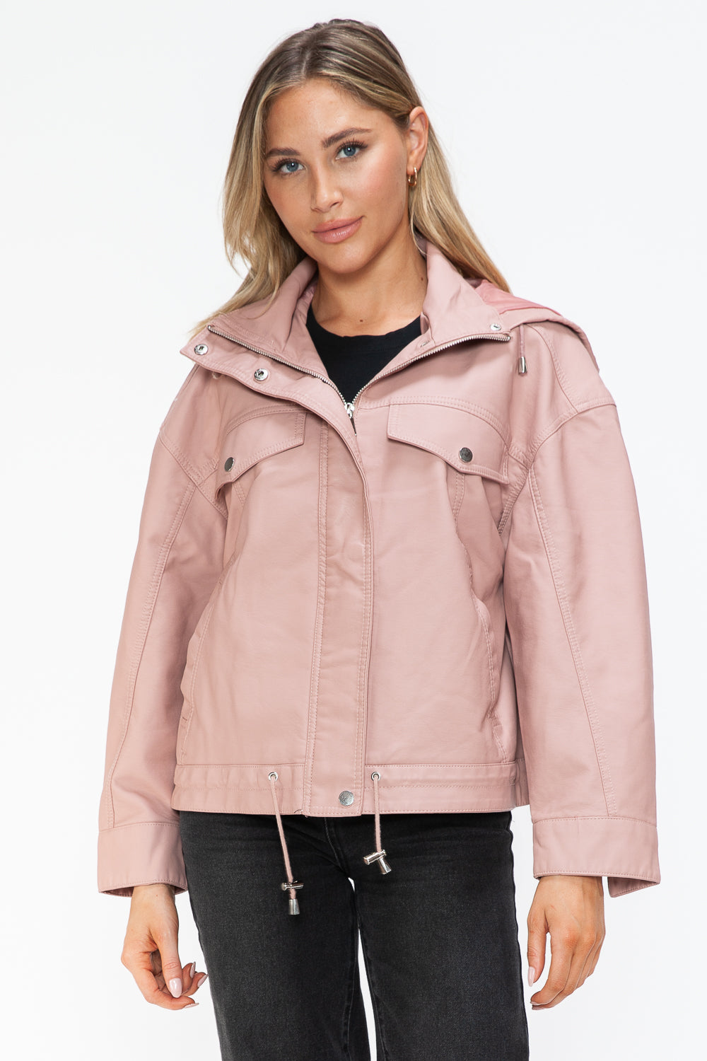 Blue Zone Planet | How Dare U Drawstring Hem PU Leather Zip Up Jacket-TOPS / DRESSES-[Adult]-[Female]-Mauve-S-2022 Online Blue Zone Planet