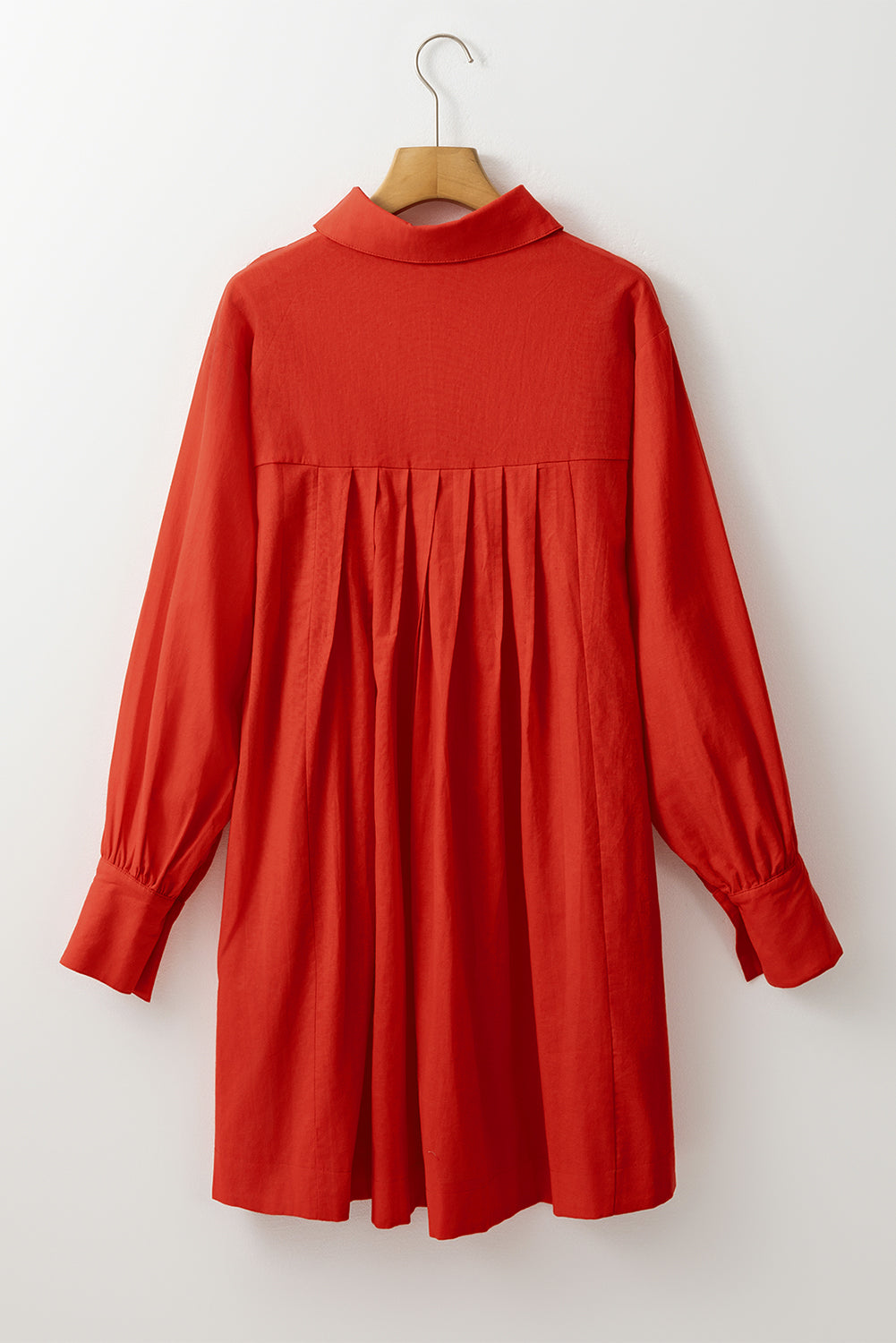 Tomato Red Bishop Sleeve Button Up Pleated Mini Shirt Dress-Dresses/Mini Dresses-[Adult]-[Female]-2022 Online Blue Zone Planet