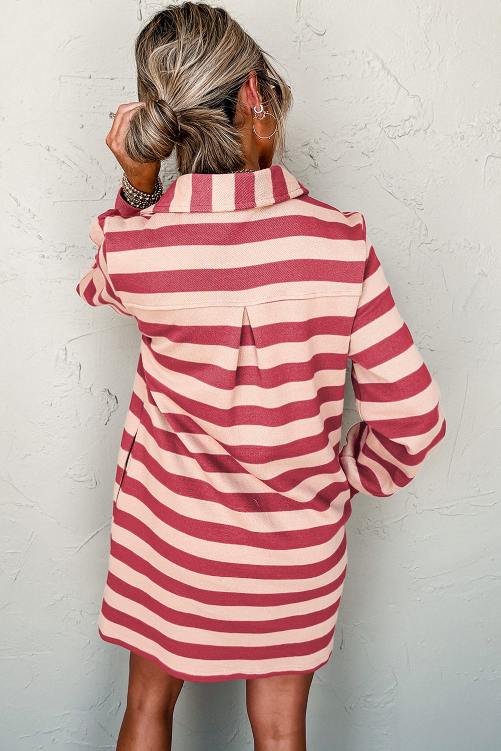 Blue Zone Planet | Pink Stripe Collared V Neck Long Sleeve Loose Casual Dress-TOPS / DRESSES-[Adult]-[Female]-2022 Online Blue Zone Planet