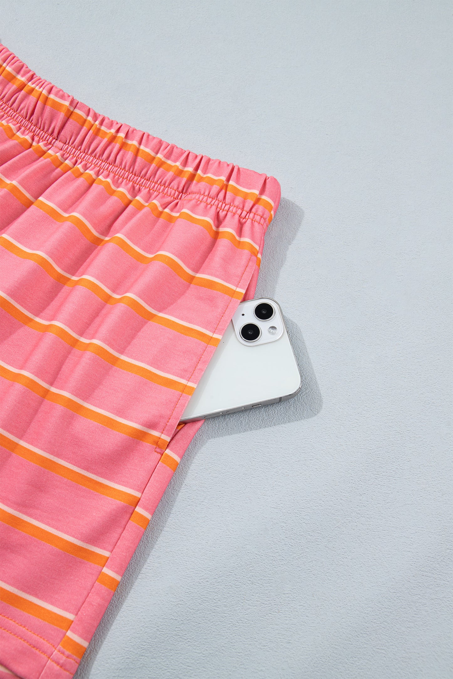 Rose Stripe Color Block Trim Long Sleeve Pullover Pocketed Shorts 2pcs Set-Two Piece Sets/Short Sets-[Adult]-[Female]-2022 Online Blue Zone Planet