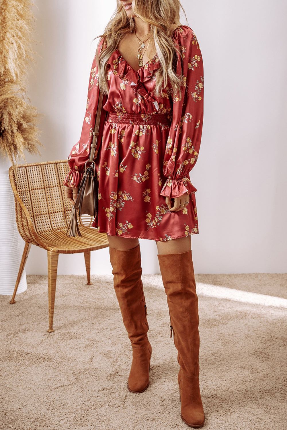 Red Clay Floral Print Shirred Waist Ruffled Trim V Neck Mini Dress-Dresses/Floral Dresses-[Adult]-[Female]-2022 Online Blue Zone Planet