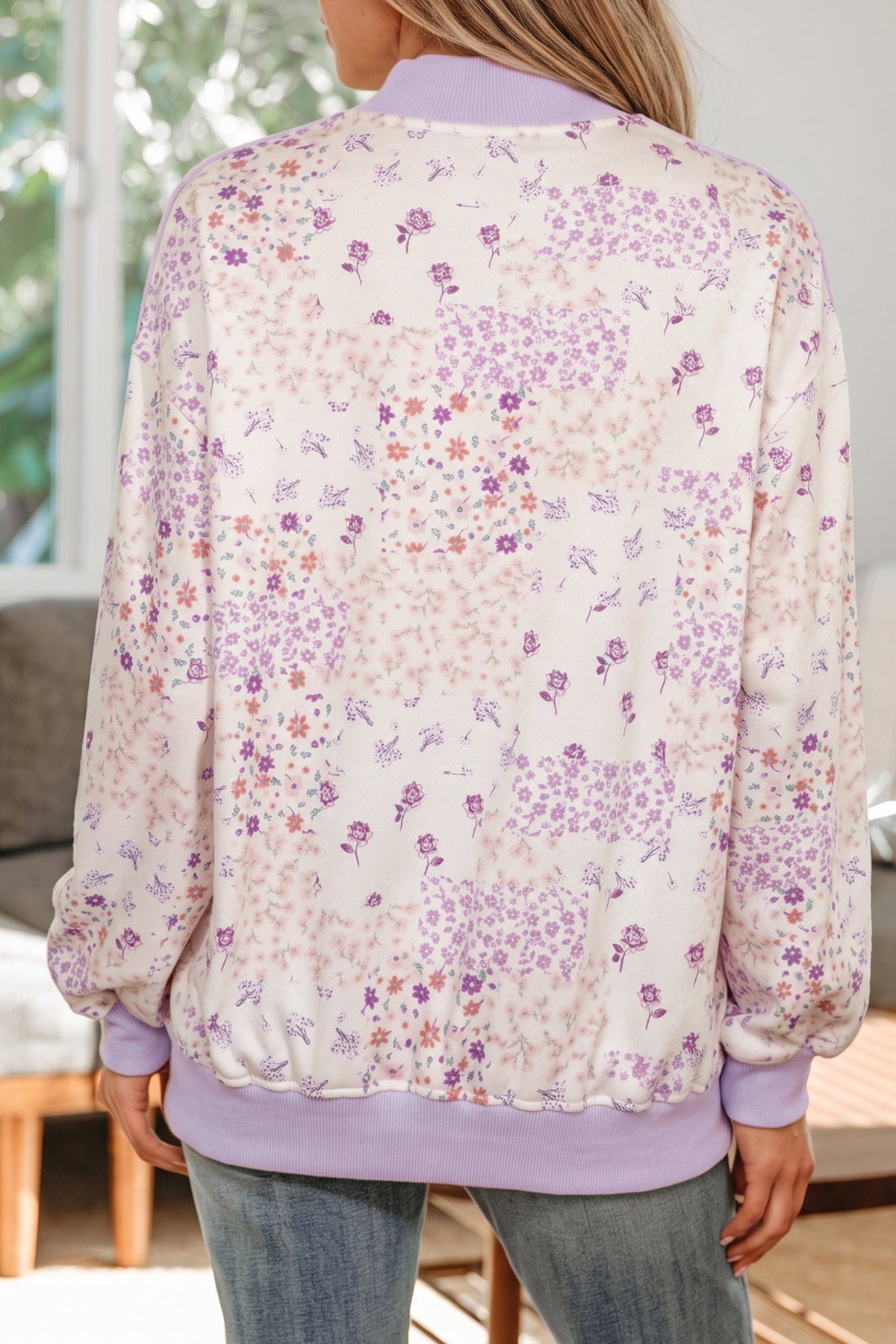 Purple Floral Print High Neck Colorblock Sleeve Paneling Sweatshirt-Tops/Sweatshirts & Hoodies-[Adult]-[Female]-2022 Online Blue Zone Planet