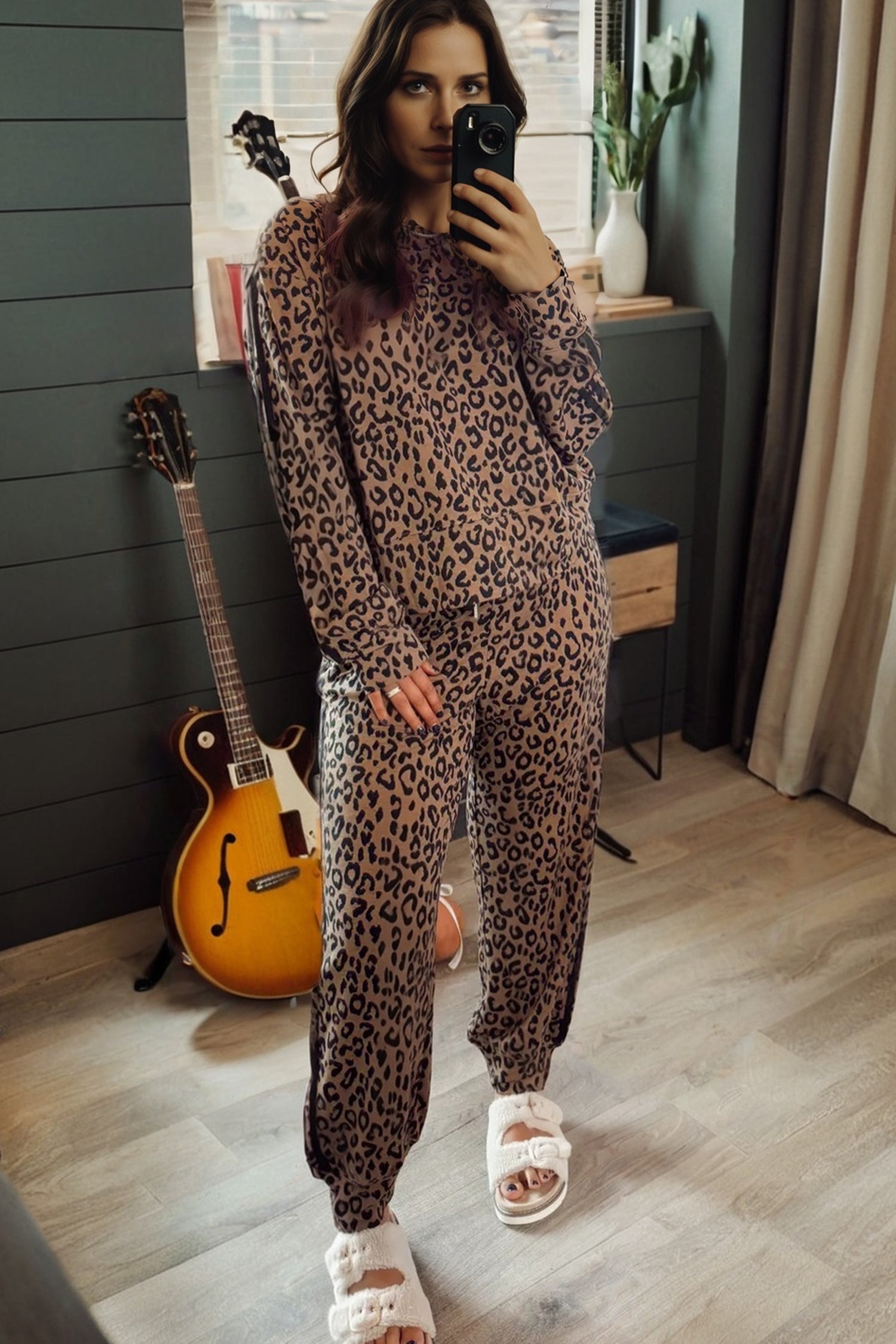 Brown Varsity Striped Trim Leopard Long Sleeve Top Drawstring Pant Set-Two Piece Sets/Pant Sets-[Adult]-[Female]-2022 Online Blue Zone Planet