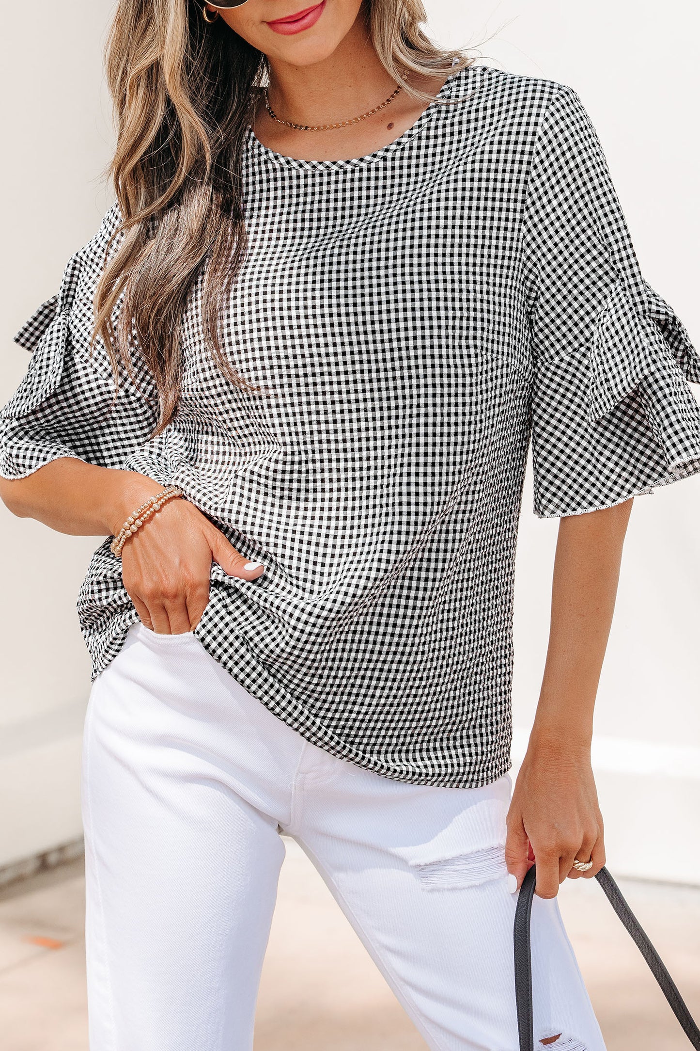 Black Plaid Bow Ruffled Half Sleeve Round Neck Blouse-Tops/Blouses & Shirts-[Adult]-[Female]-2022 Online Blue Zone Planet