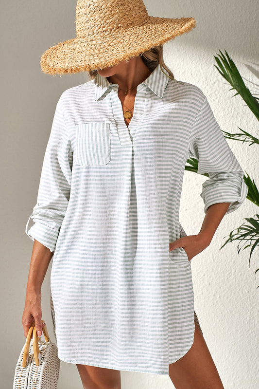 White Stripe Collared V Neck Chest Pocket Long Sleeve Beach Cover up-Swimwear/Beach Cover-ups-[Adult]-[Female]-2022 Online Blue Zone Planet