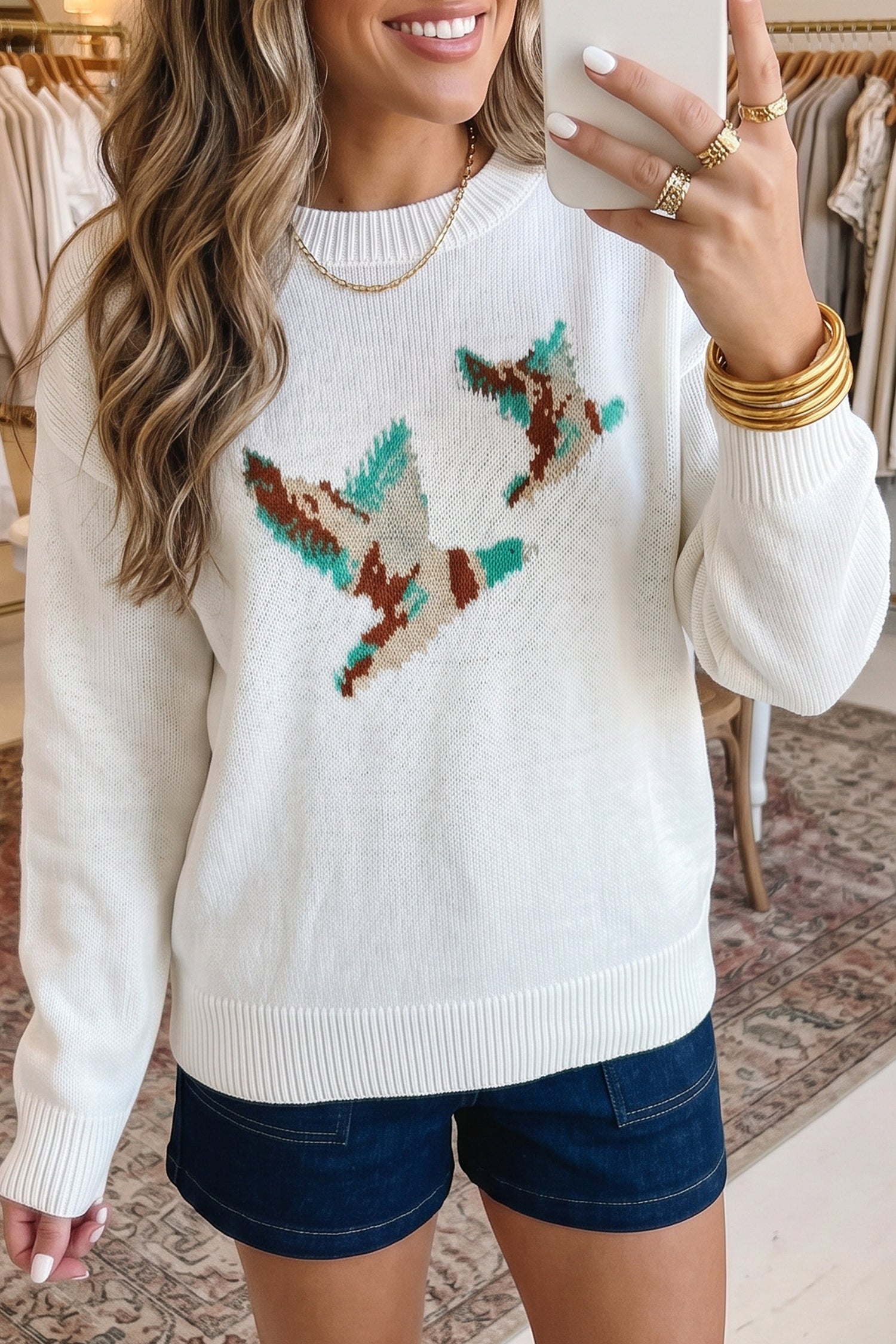 White Retro Flying Mallard Pattern Drop Shoulder Pullover Sweater-TOPS / DRESSES-[Adult]-[Female]-2022 Online Blue Zone Planet