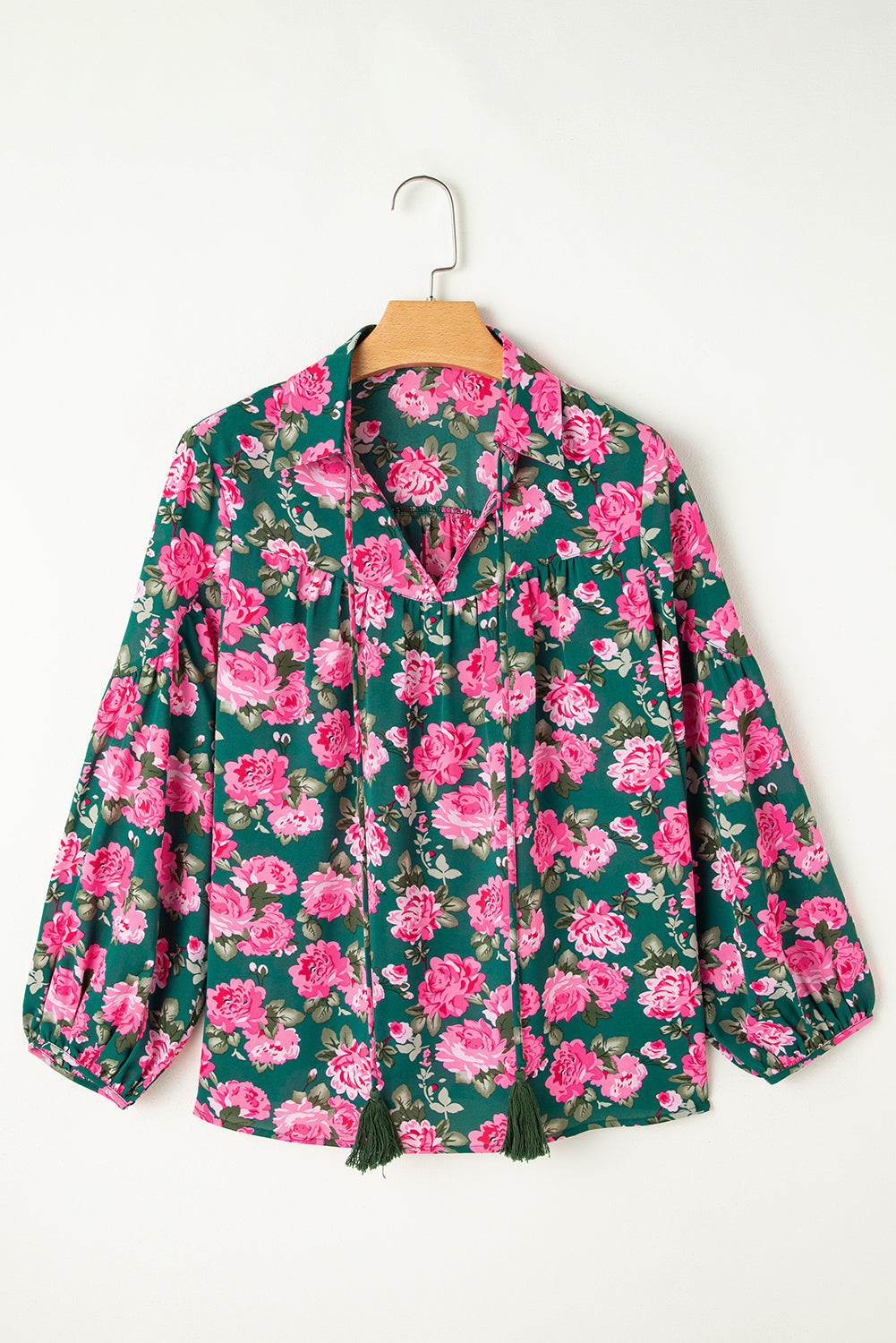 Green Floral Print Collared Puff Sleeve Blouse-Blouses-[Adult]-[Female]-2022 Online Blue Zone Planet