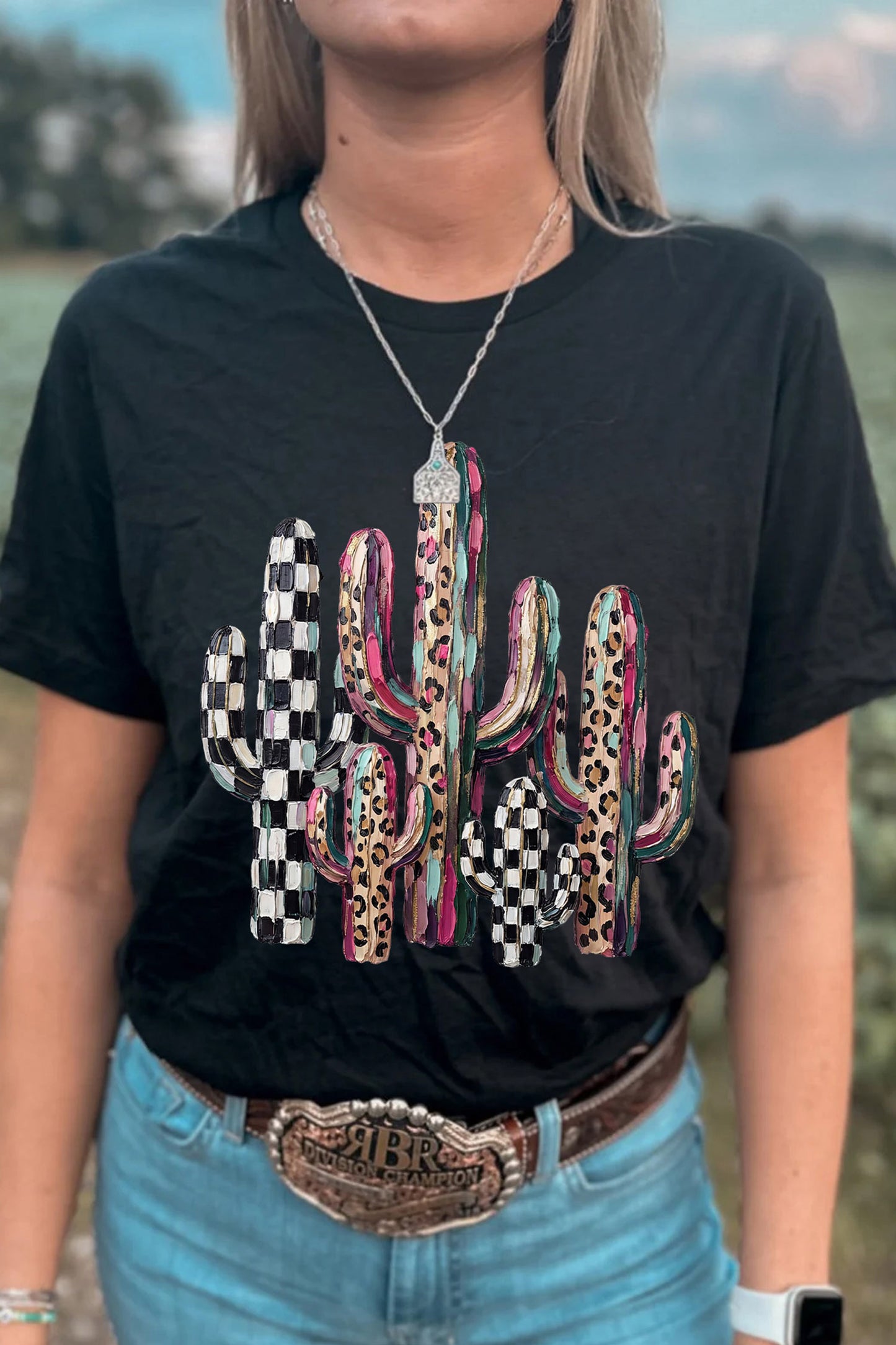 Black Mixed Pattern Cactus Graphic Print Relaxed T-Shirt