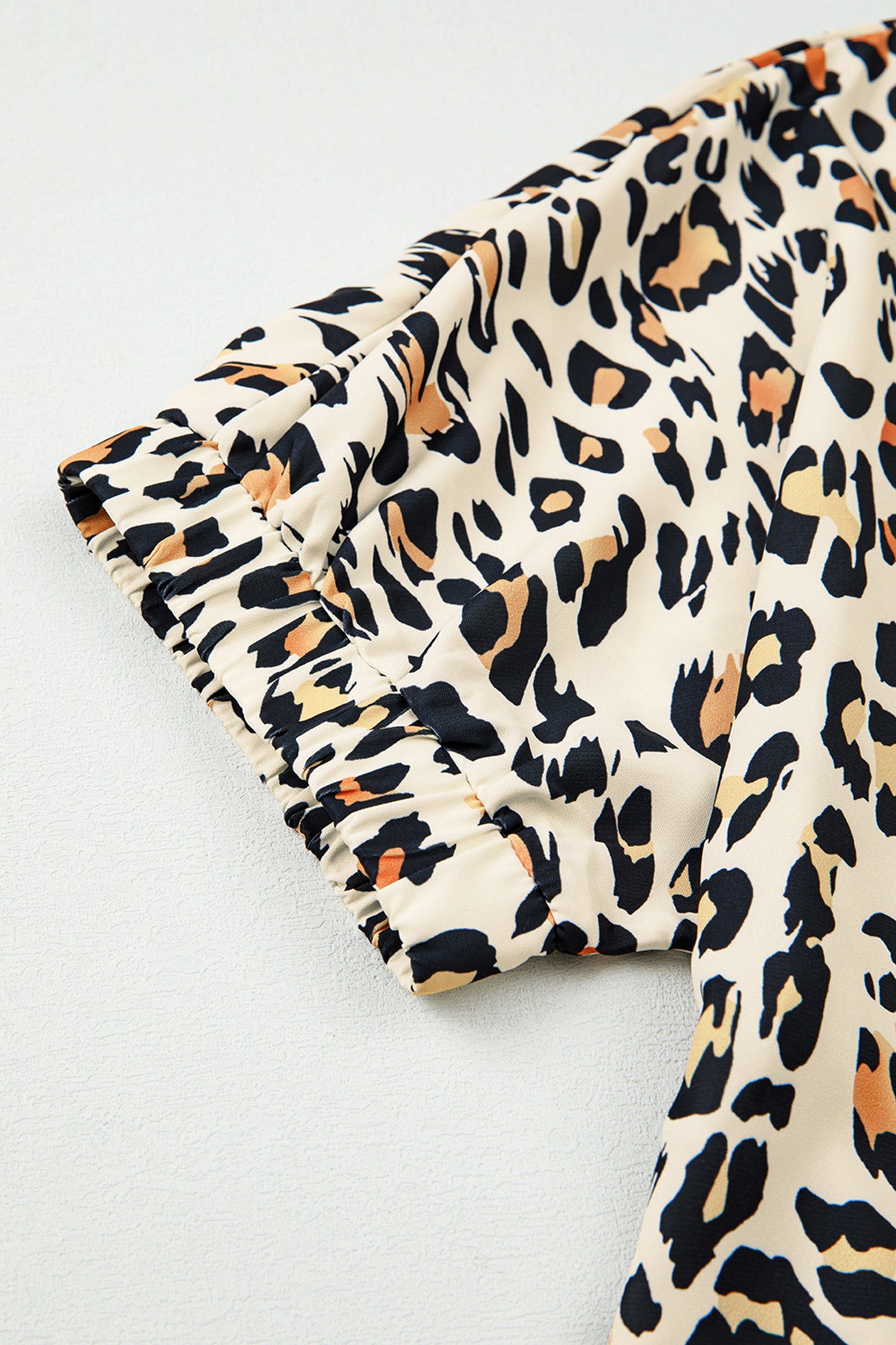 Khaki Leopard Color Block Contrast Striped V Neck Half Sleeve Loose Fit Blouse-Tops/Blouses & Shirts-[Adult]-[Female]-2022 Online Blue Zone Planet